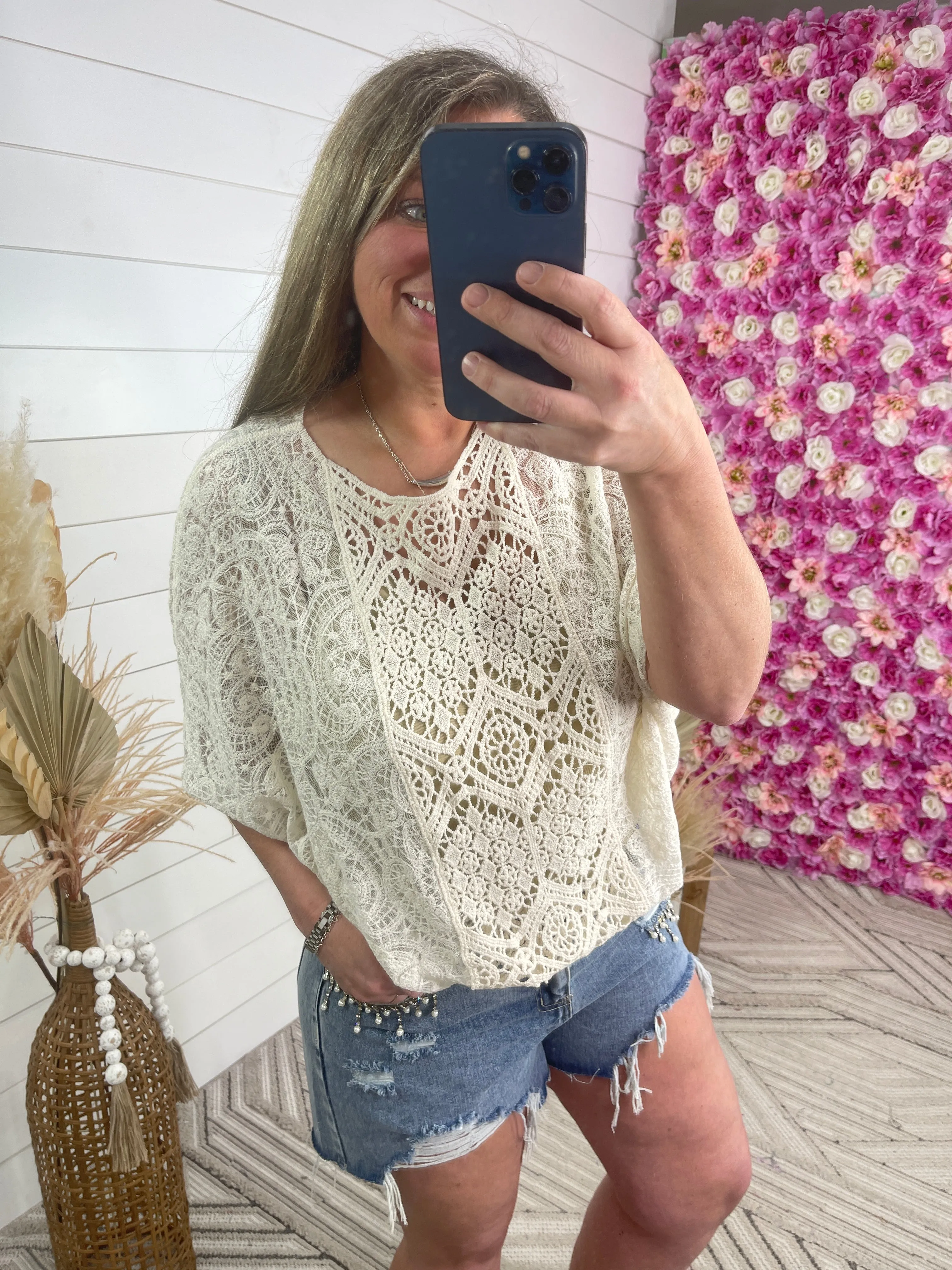 BEIGE ALL OVER LACE DOLMAN TOP