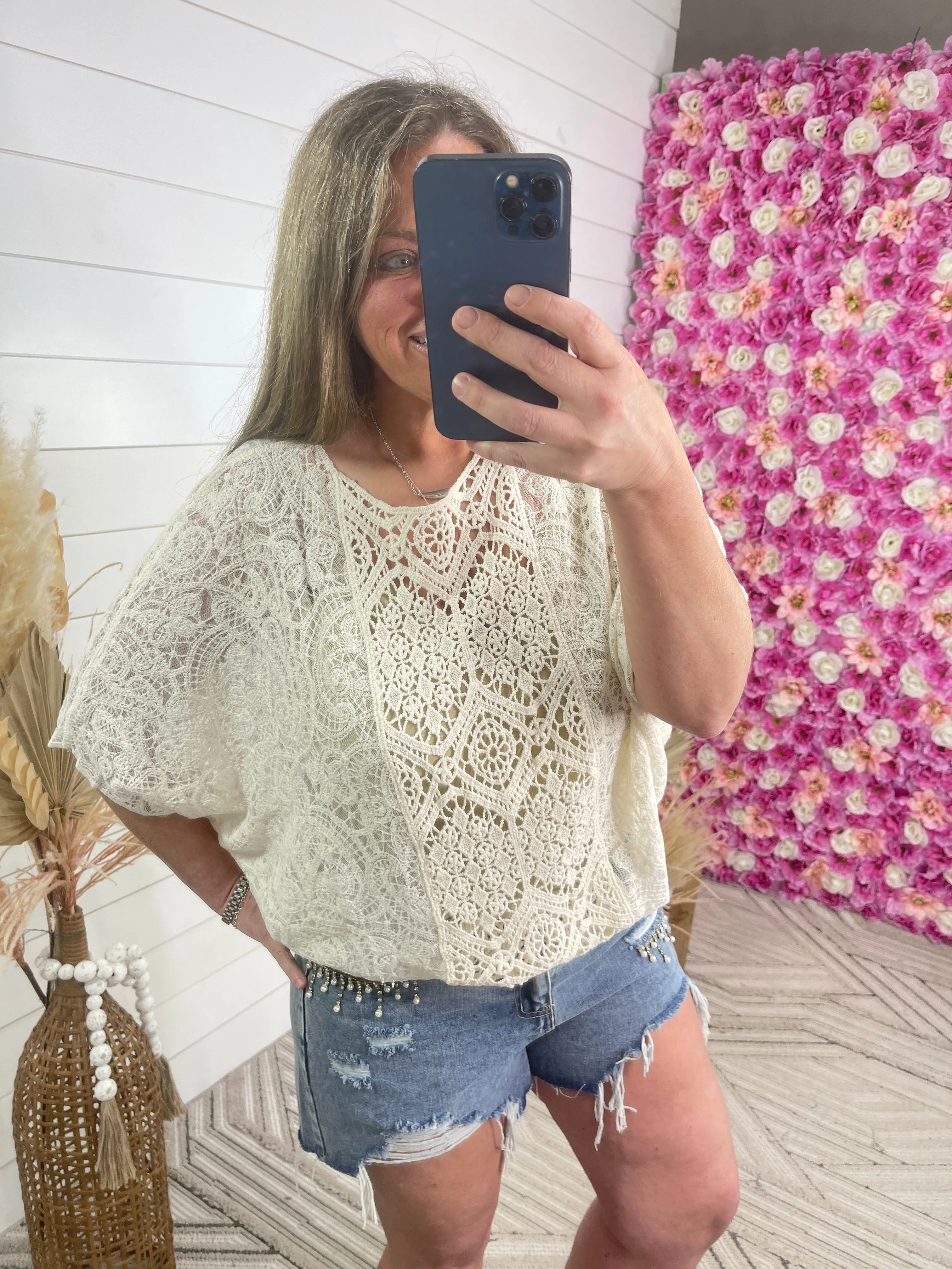 BEIGE ALL OVER LACE DOLMAN TOP