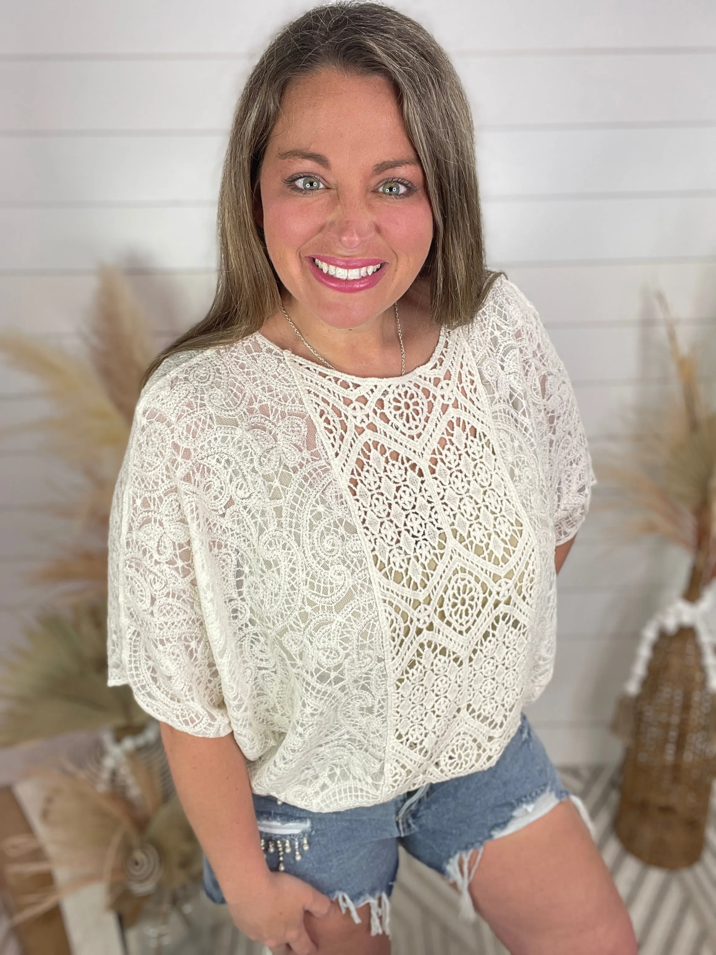 BEIGE ALL OVER LACE DOLMAN TOP