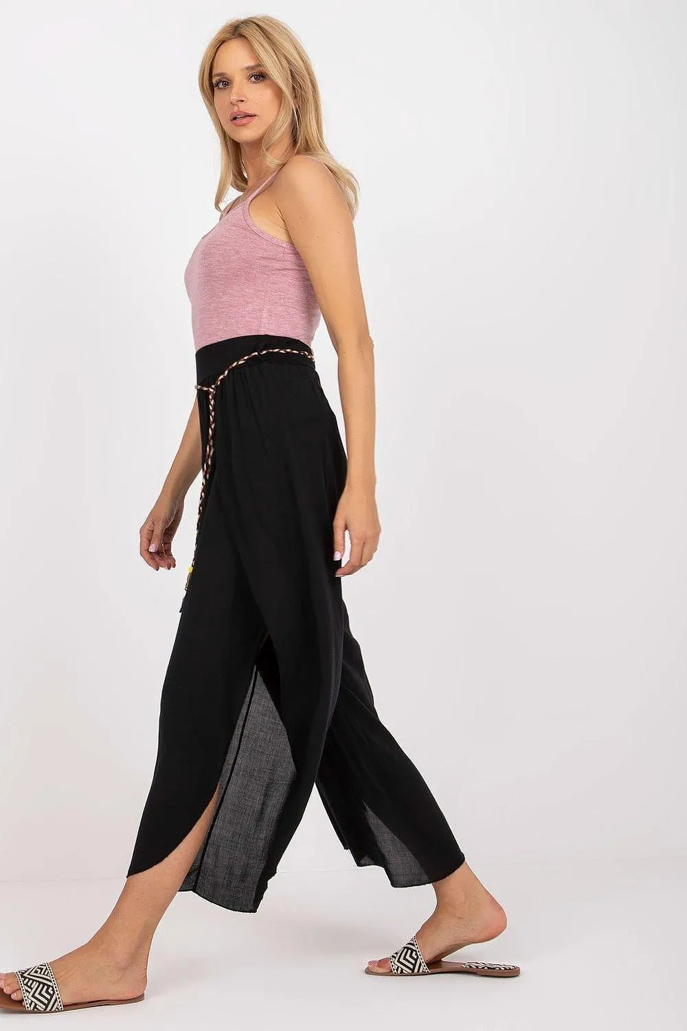 Chic High-Waisted Viscose Trousers with Trendy Waist Tie