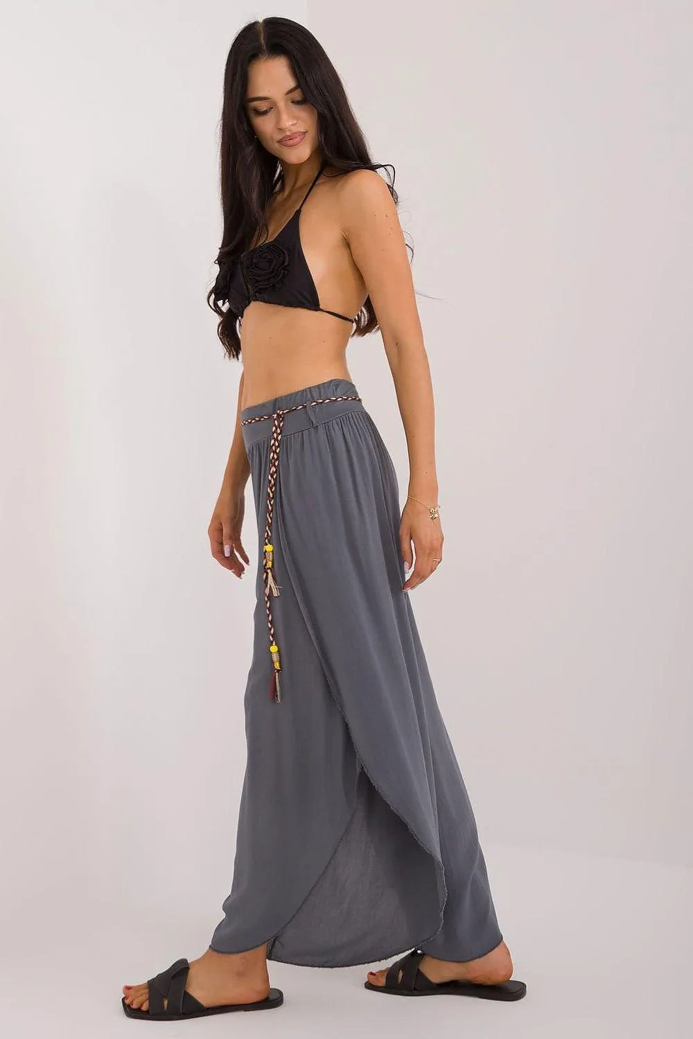 Chic High-Waisted Viscose Trousers with Trendy Waist Tie