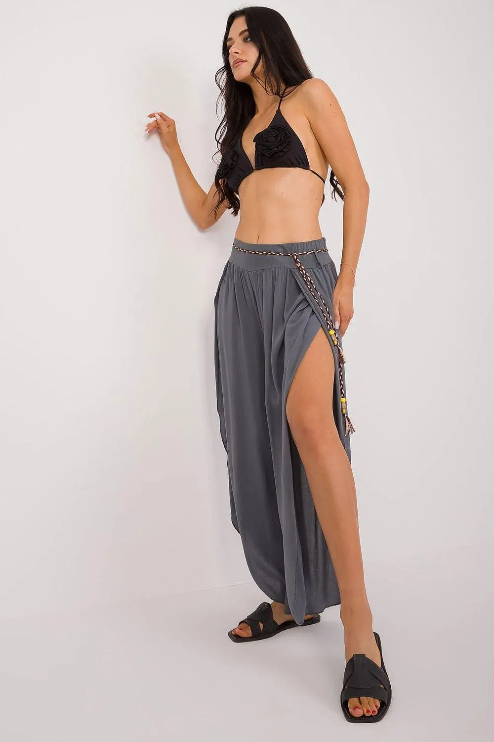 Chic High-Waisted Viscose Trousers with Trendy Waist Tie