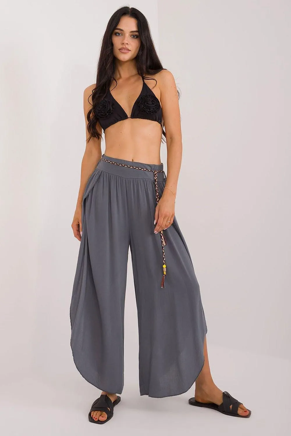 Chic High-Waisted Viscose Trousers with Trendy Waist Tie