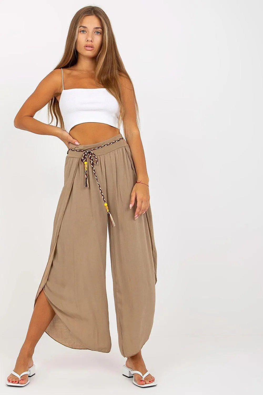 Chic High-Waisted Viscose Trousers with Trendy Waist Tie