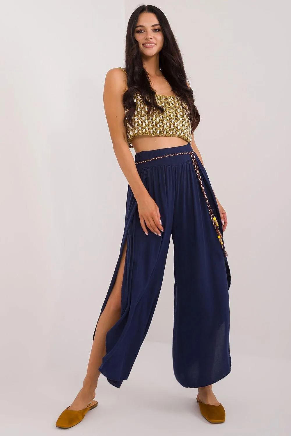 Chic High-Waisted Viscose Trousers with Trendy Waist Tie