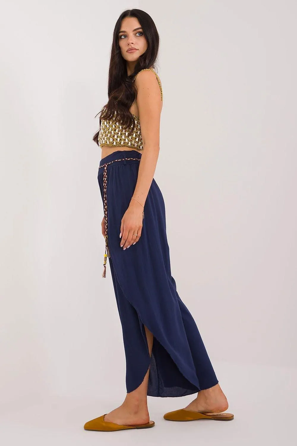 Chic High-Waisted Viscose Trousers with Trendy Waist Tie