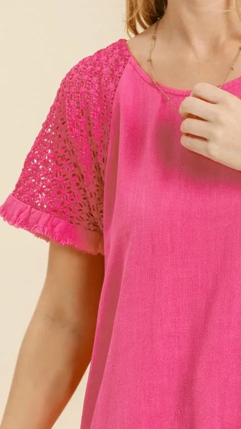 Clara Crochet Sleeve Top Hot Pink