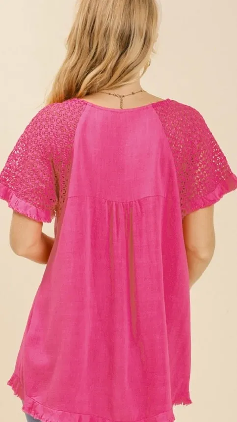 Clara Crochet Sleeve Top Hot Pink