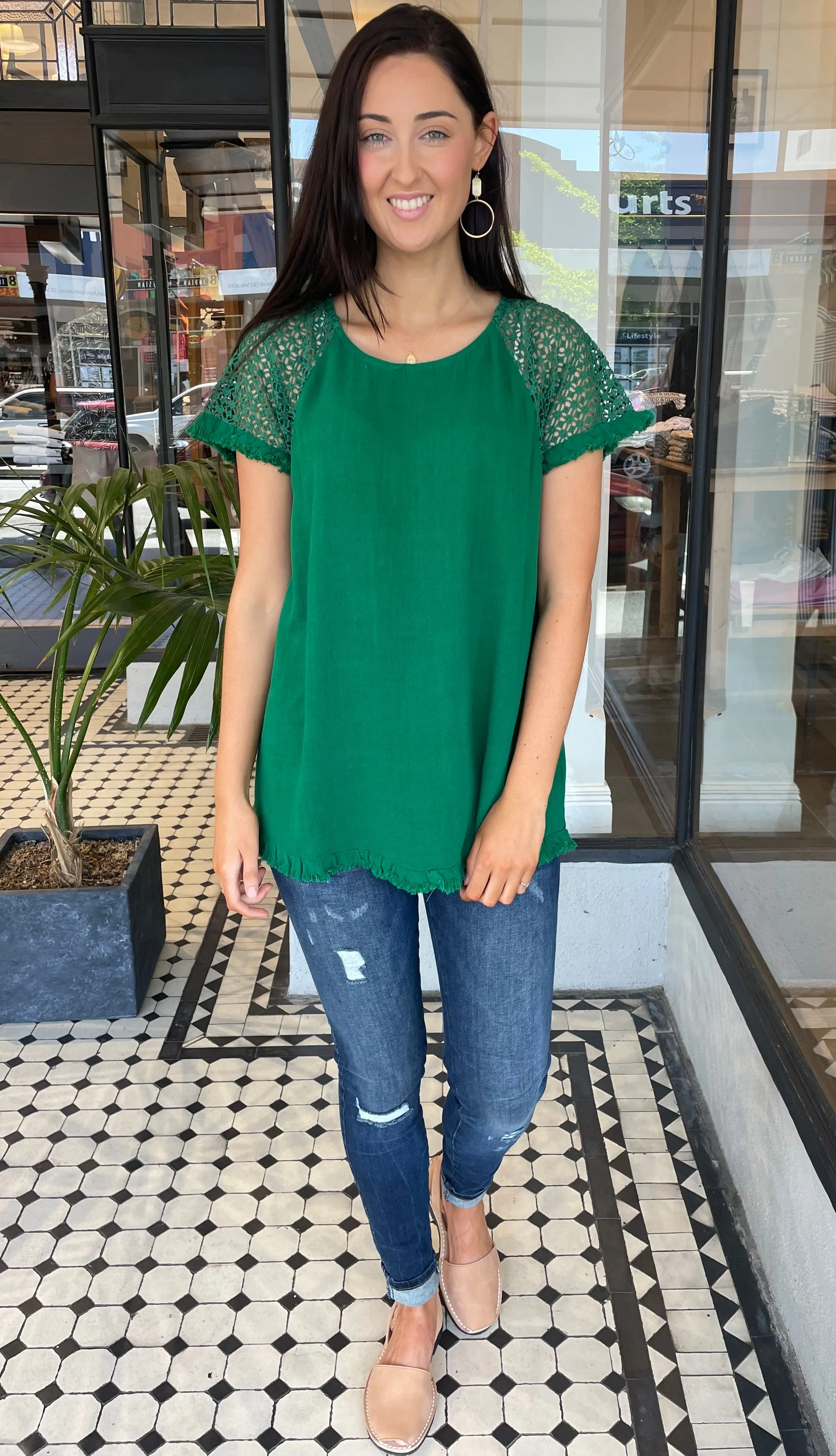 Clara Crochet Sleeve Top Kelly Green