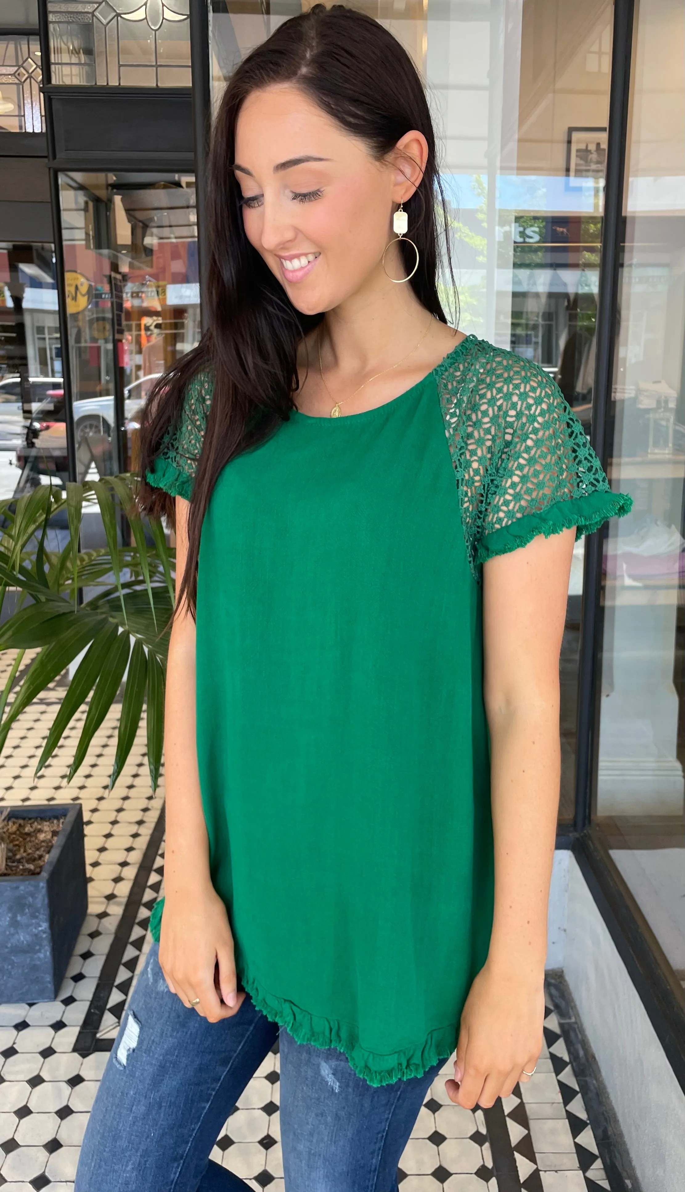 Clara Crochet Sleeve Top Kelly Green