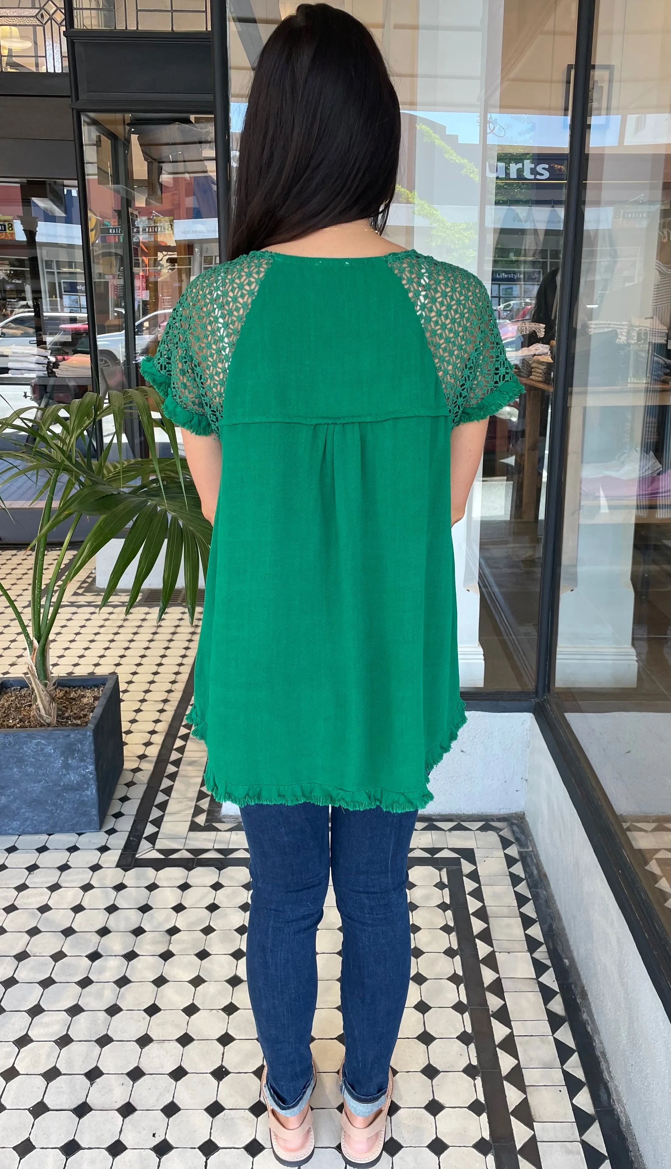 Clara Crochet Sleeve Top Kelly Green