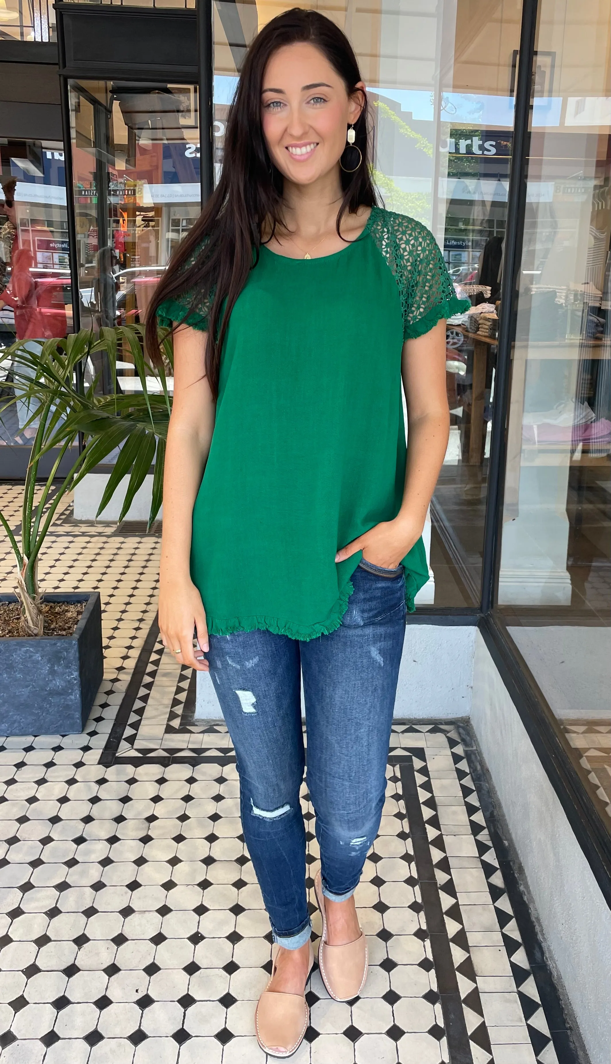 Clara Crochet Sleeve Top Kelly Green