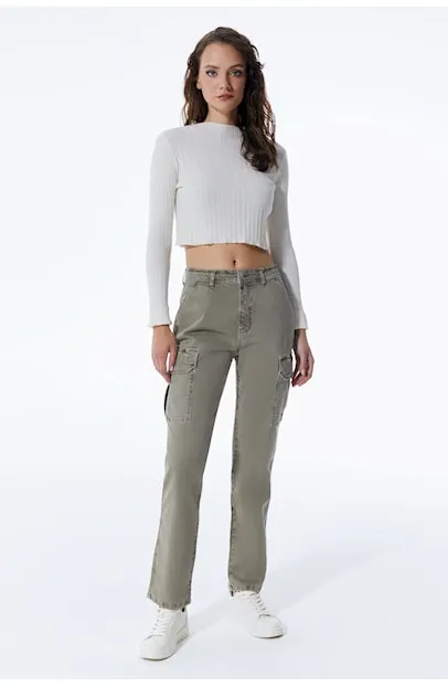 Daphne - High Waist Cargo Pants - Khaki