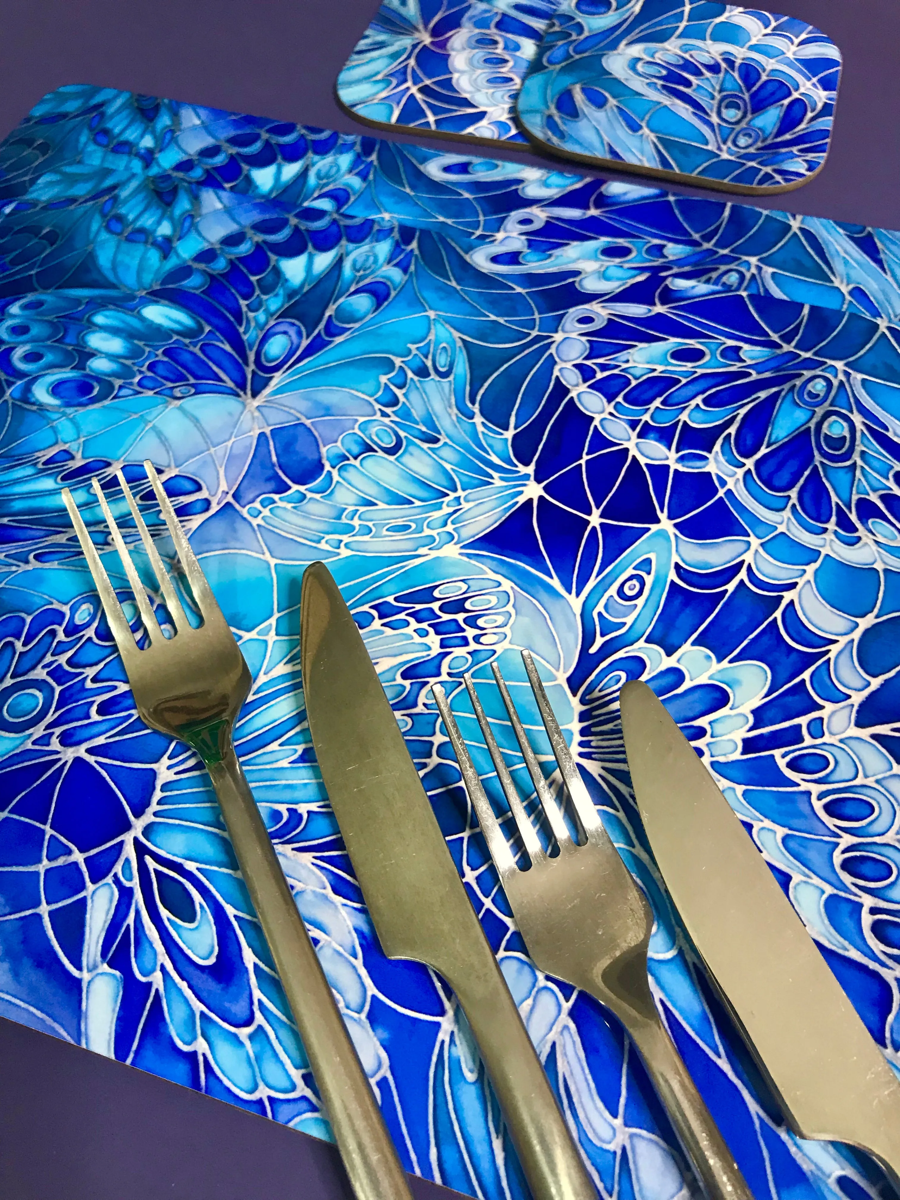 Deep Blue Butterflies Placemats - Blue Table Mats & Coasters, Blue glass chopping boards