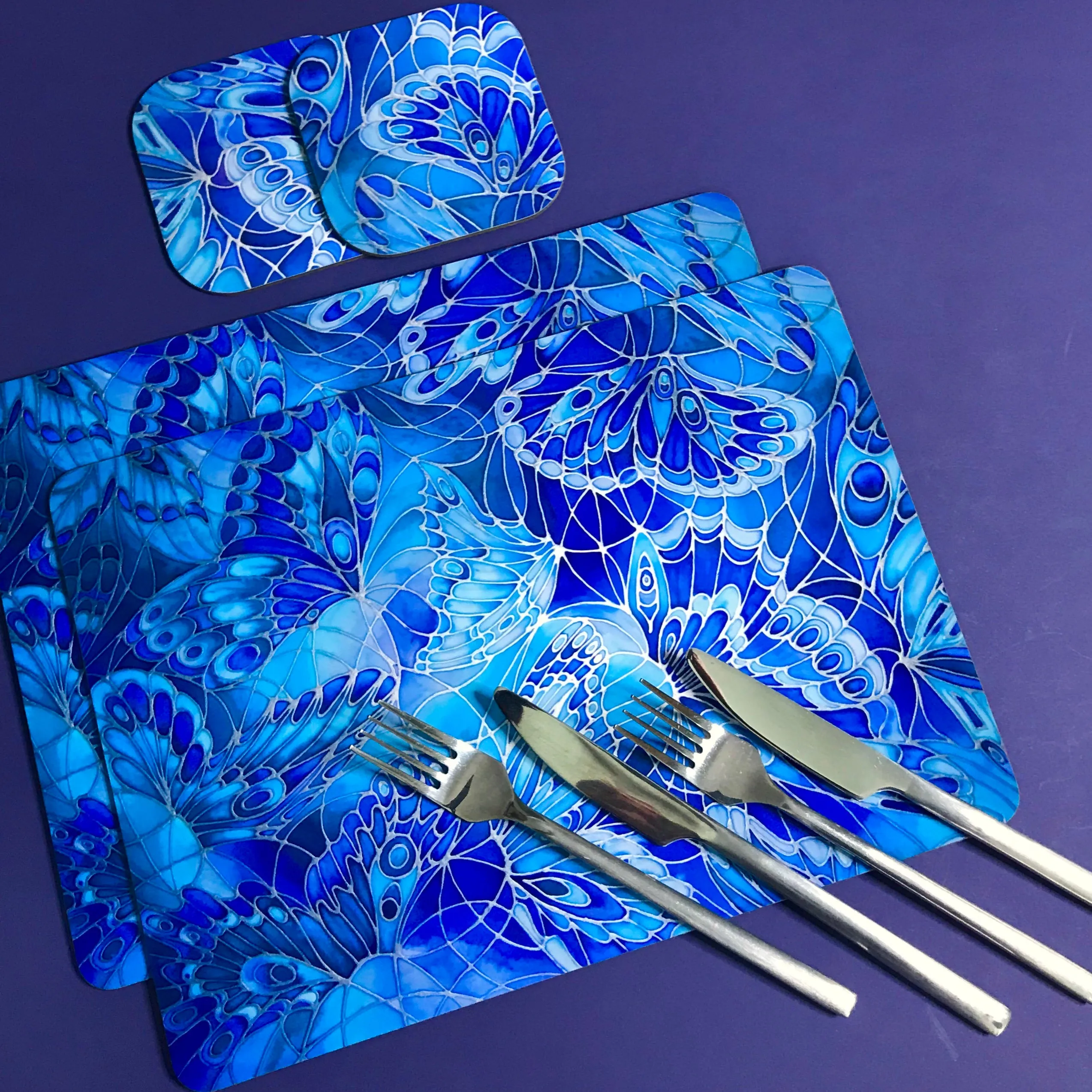 Deep Blue Butterflies Placemats - Blue Table Mats & Coasters, Blue glass chopping boards