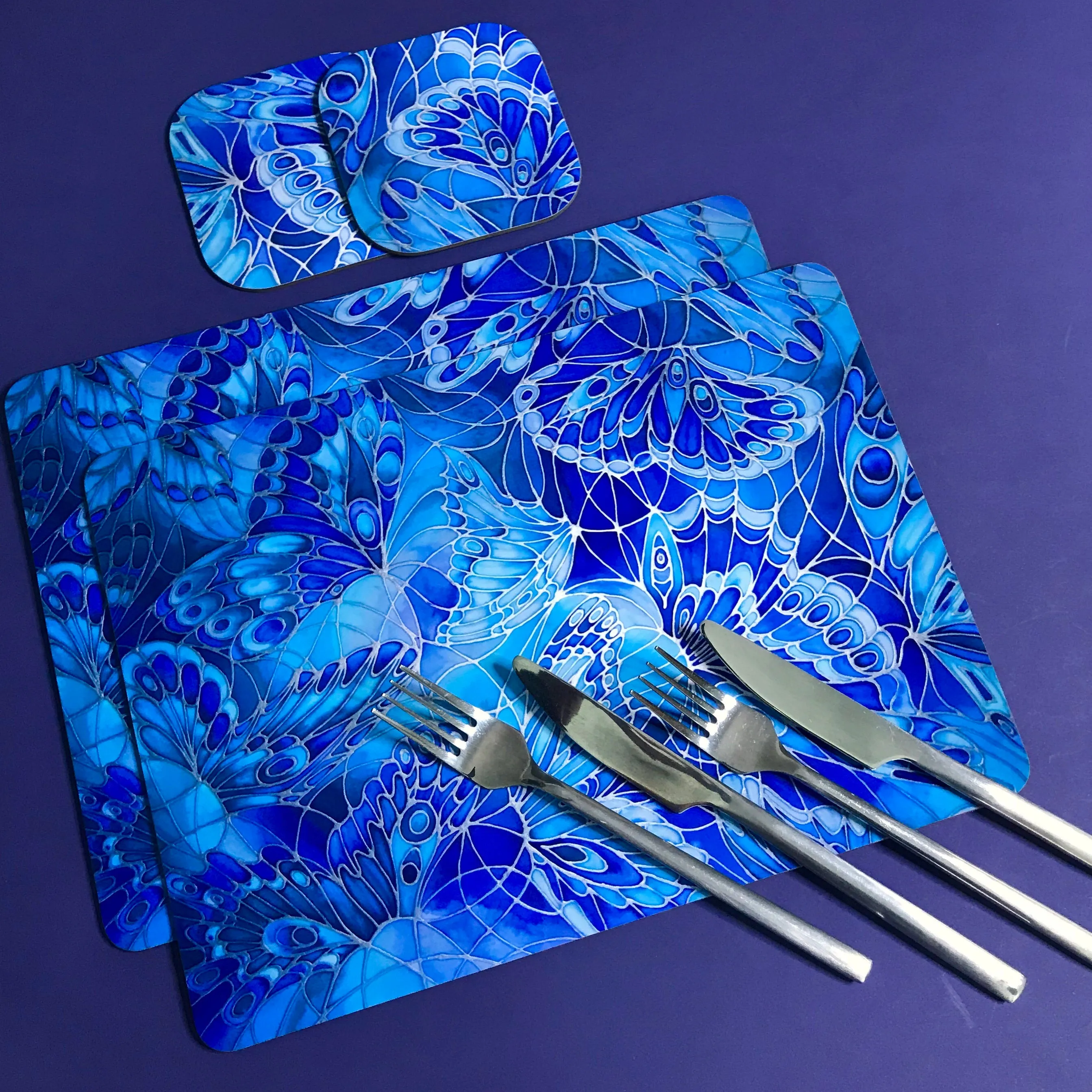 Deep Blue Butterflies Placemats - Blue Table Mats & Coasters, Blue glass chopping boards