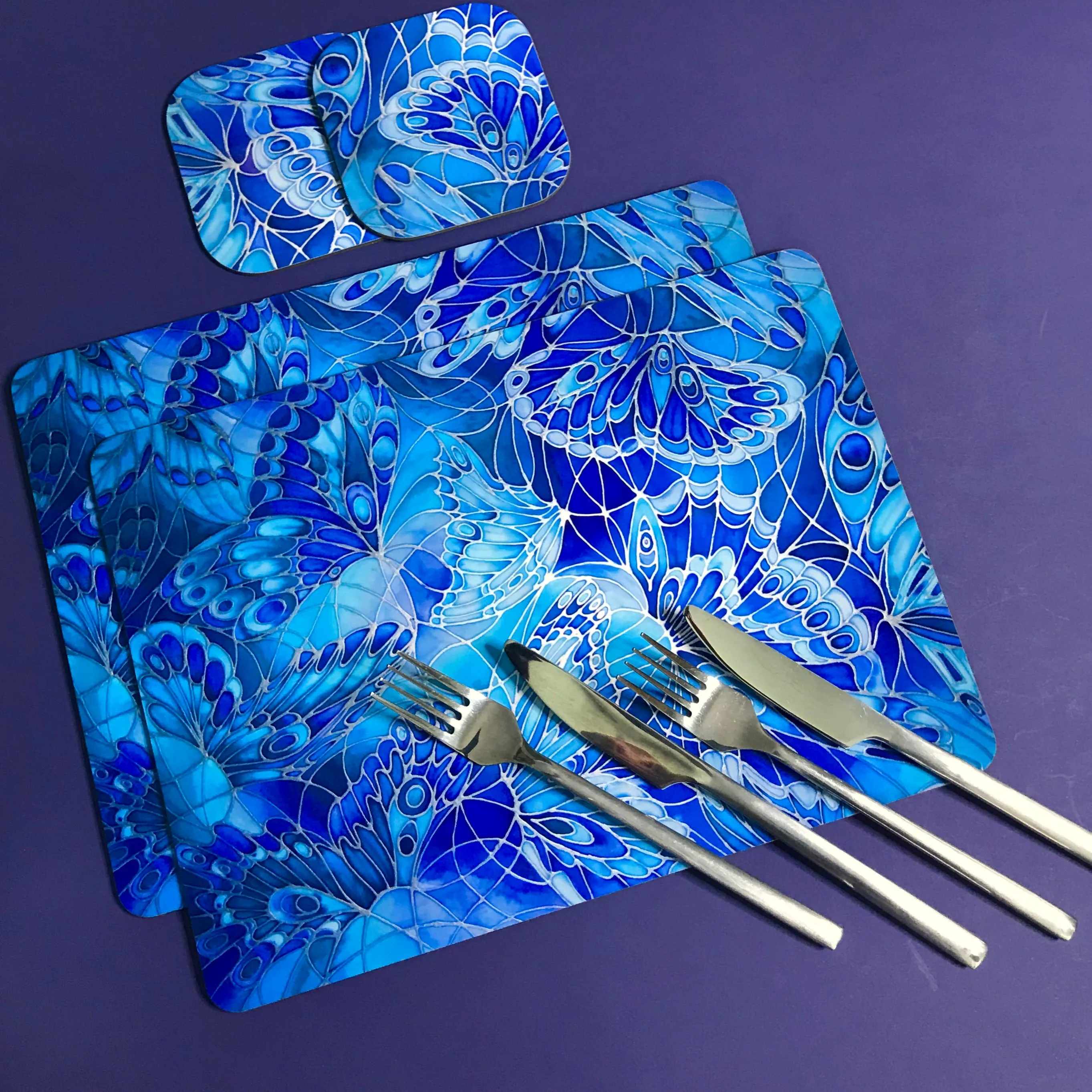 Deep Blue Butterflies Placemats - Blue Table Mats & Coasters, Blue glass chopping boards