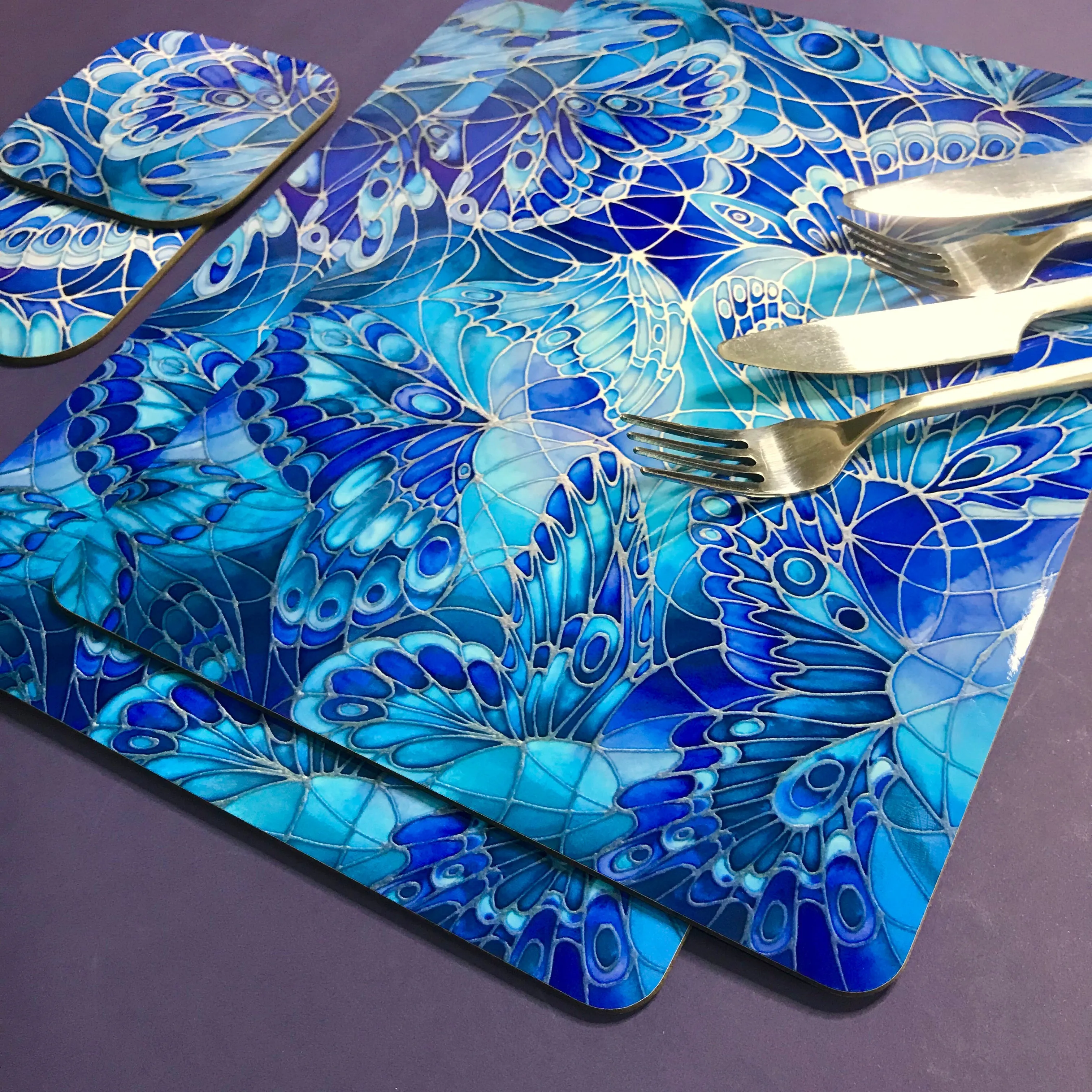 Deep Blue Butterflies Placemats - Blue Table Mats & Coasters, Blue glass chopping boards