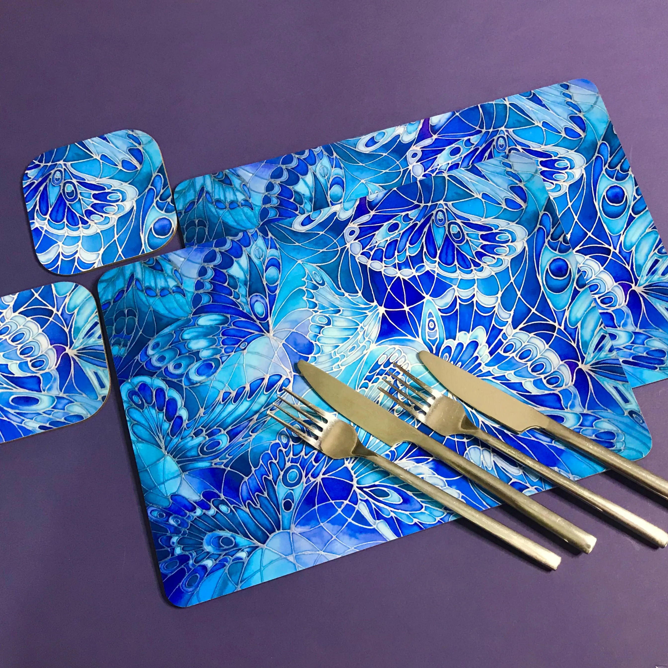 Deep Blue Butterflies Placemats - Blue Table Mats & Coasters, Blue glass chopping boards