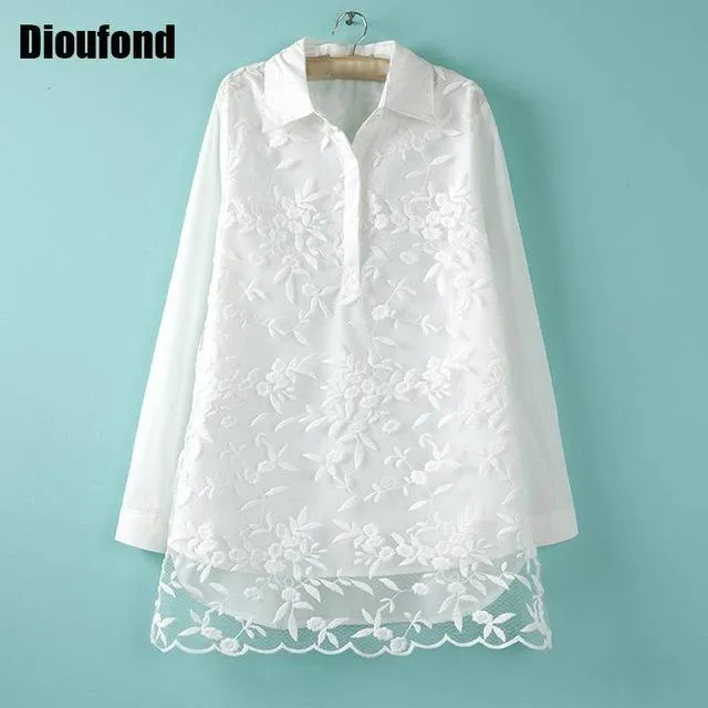 Dioufond Stylish Flower Embroidered White Shirt Women Lace Patchwork Hollow out Tops Female Long Sleeve Casual Women Clothes