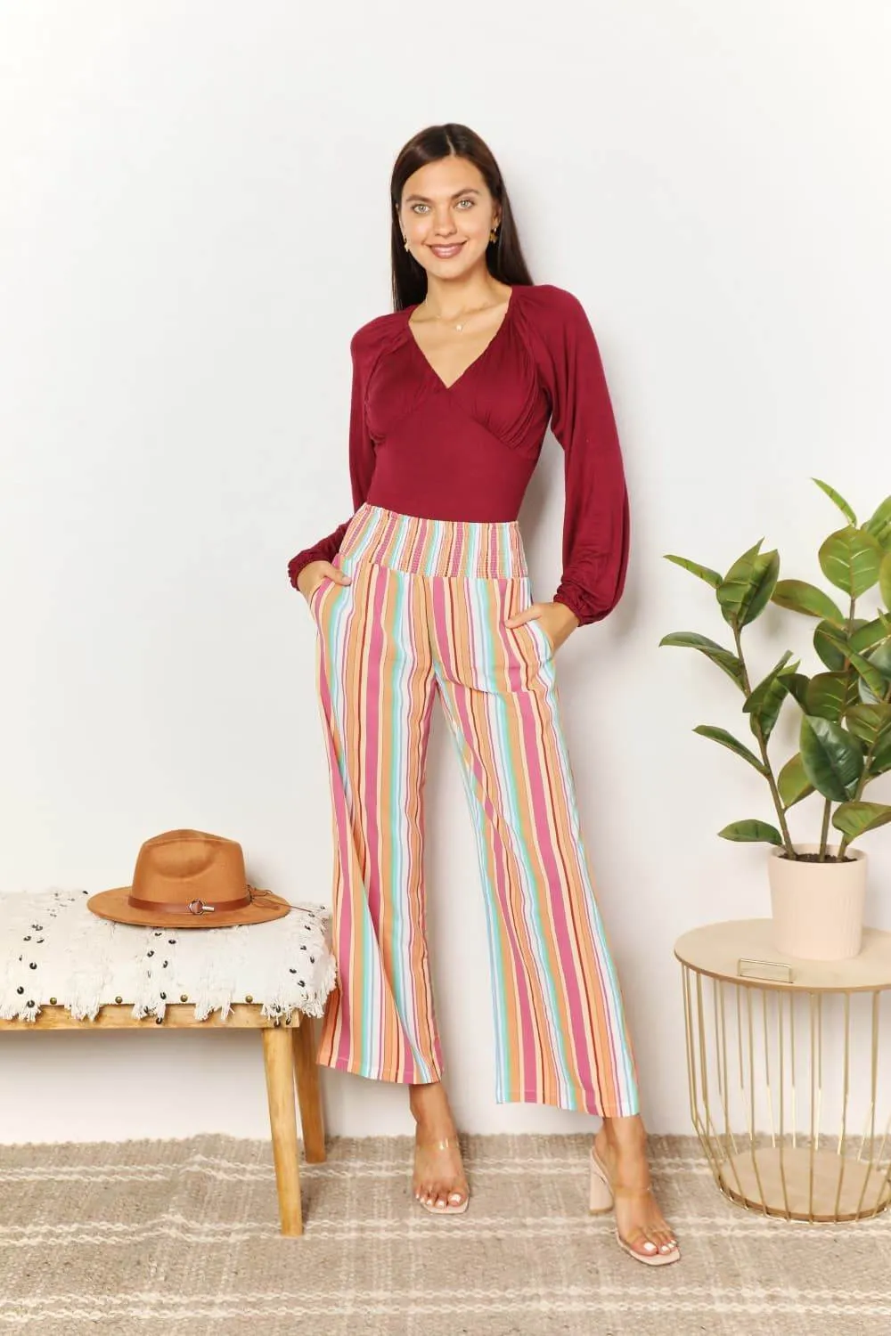 Double Take Striped Smocked Waist Pants with Pockets