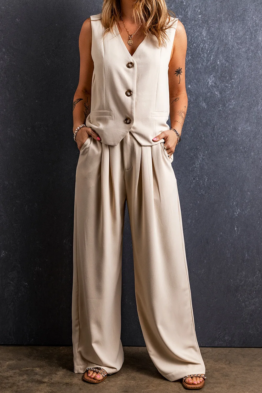 Elastic Waist Pleated Wide Leg Pants