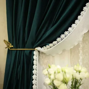 Ethan Floral Lace Velvet Luxury Curtain - Dark Green