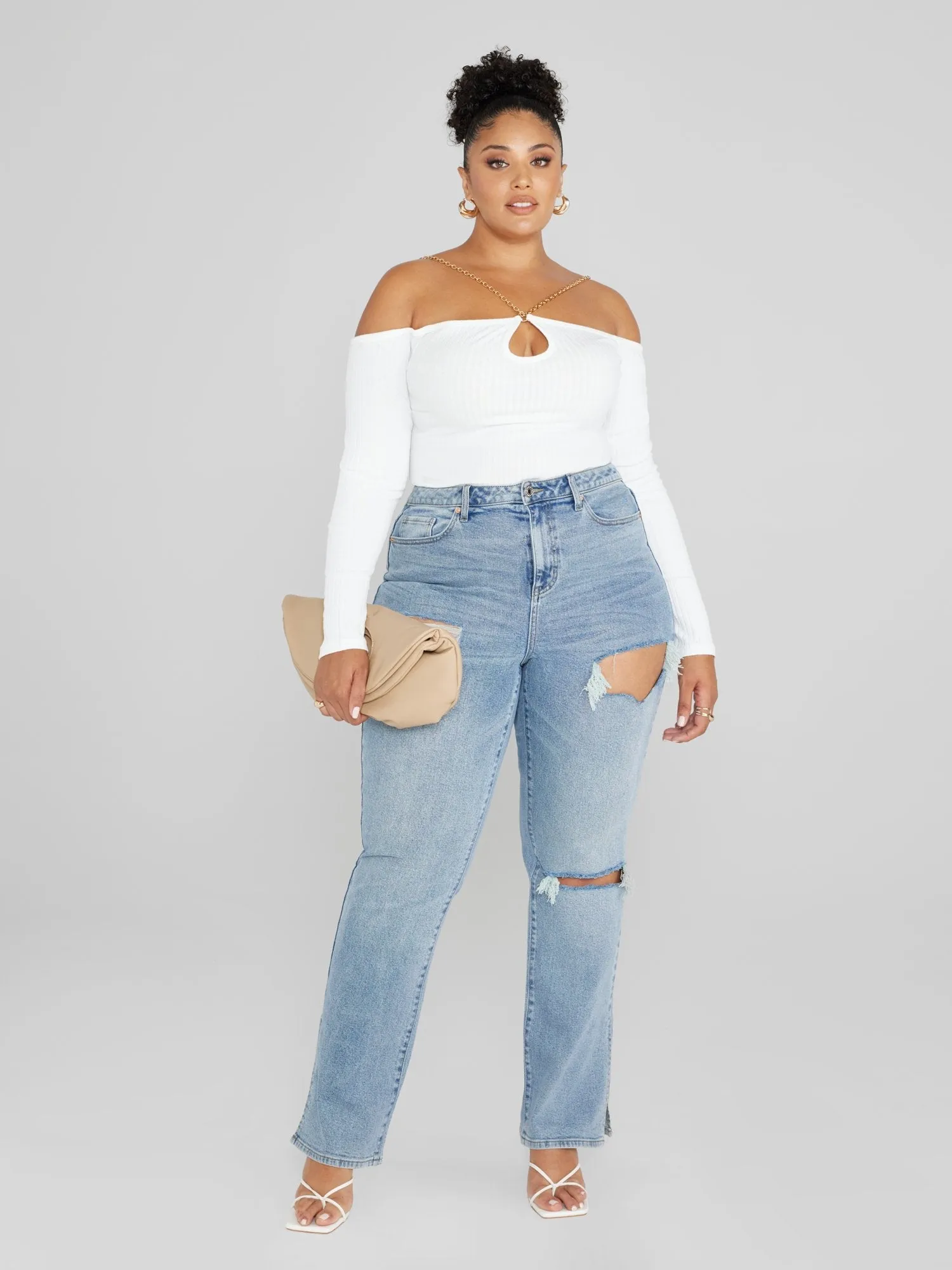 Fashion To Figure - High Rise Relaxed Destructed Split Hem Jeans