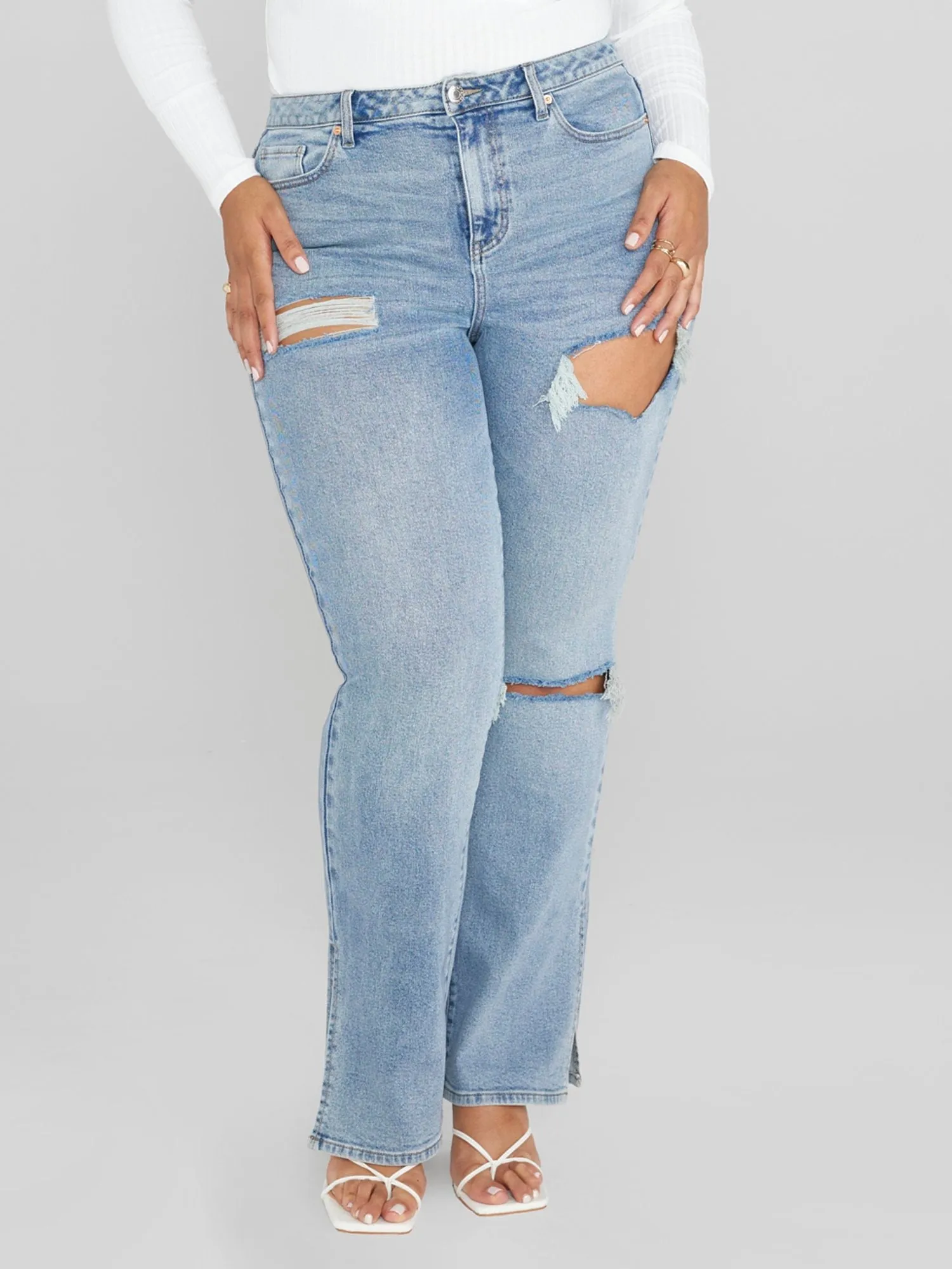 Fashion To Figure - High Rise Relaxed Destructed Split Hem Jeans