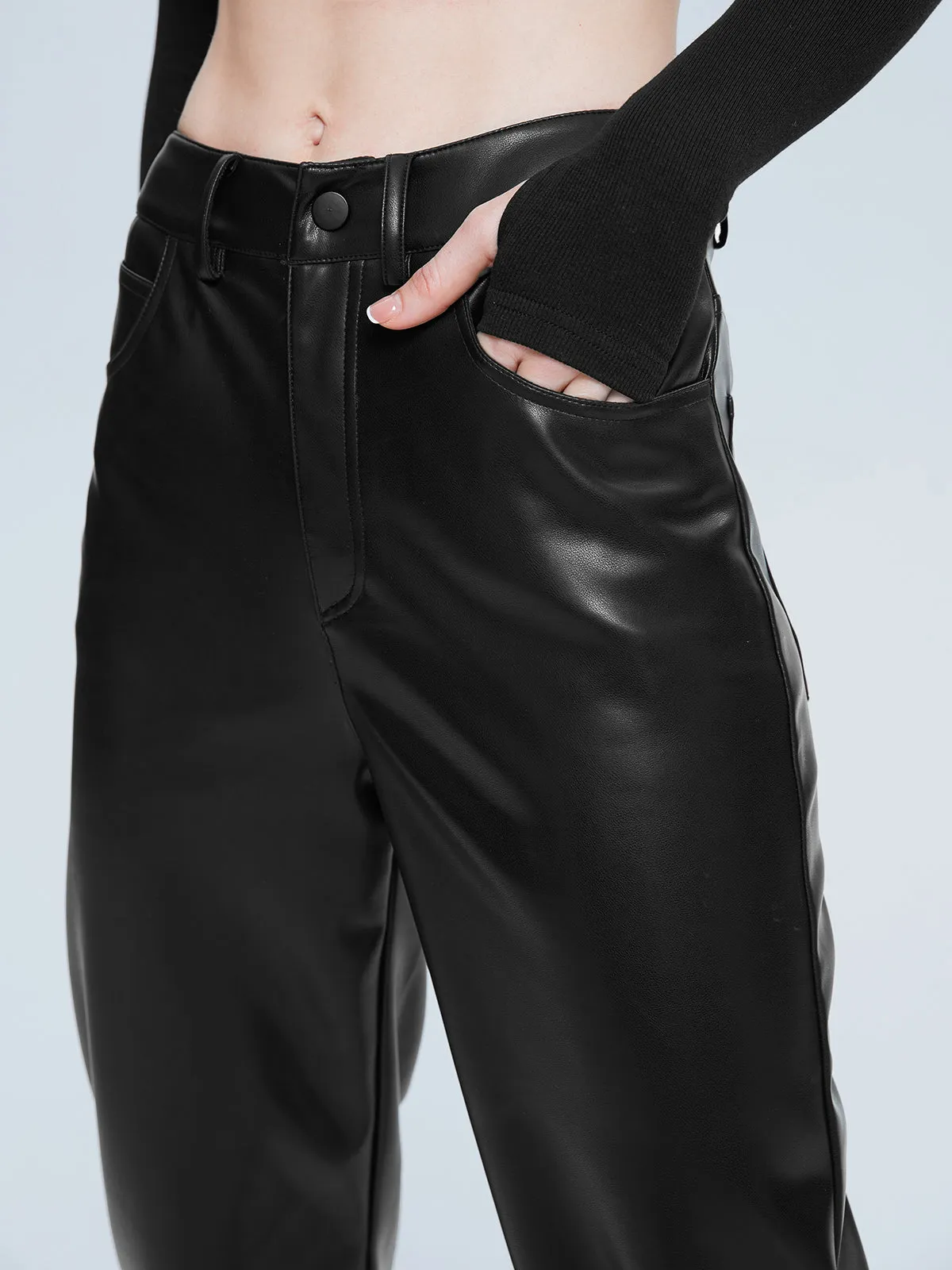 High Waisted Straight Trendy Leg Leather Pants