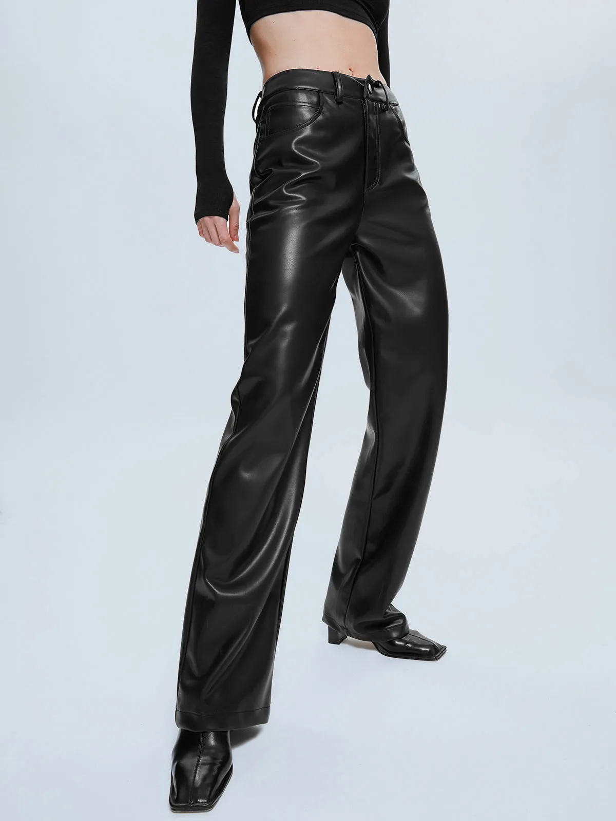 High Waisted Straight Trendy Leg Leather Pants