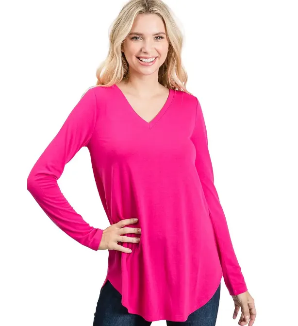 Katie Long Sleeve V-Neck Round Hem