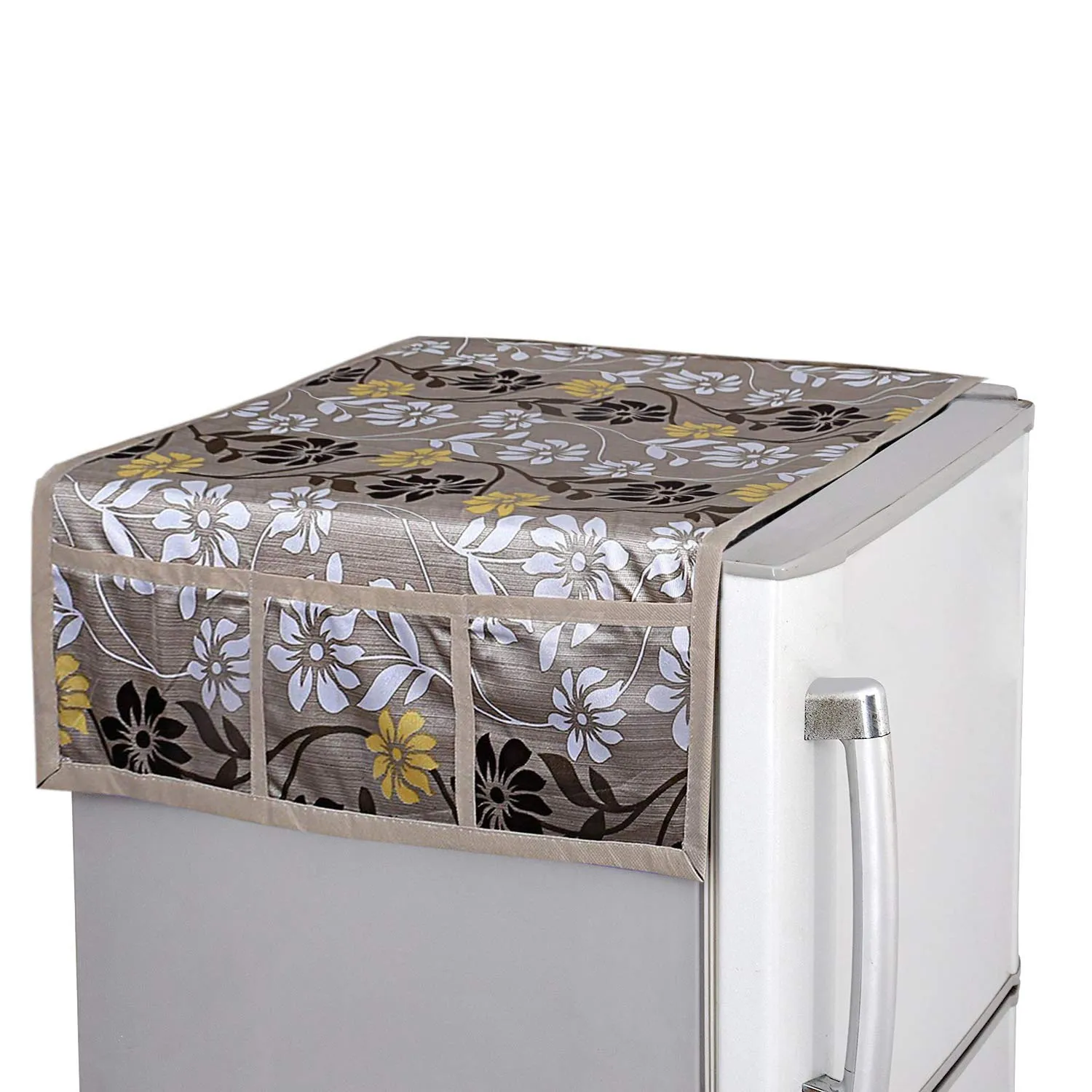 Kuber Industries Flower Design Combo PVC 3 Pieces Fridge Mats, 2 Piece Handle Cover and 1 Piece Fridge Top Cover(Gold)