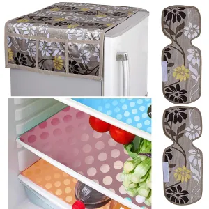 Kuber Industries Flower Design Combo PVC 3 Pieces Fridge Mats, 2 Piece Handle Cover and 1 Piece Fridge Top Cover(Gold)