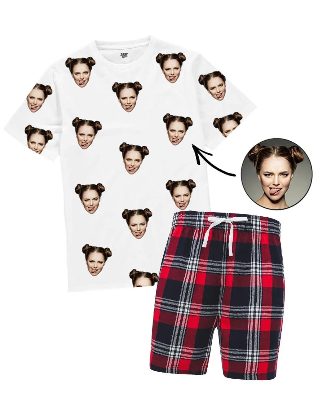 Men's Face Pyjamas - Red Tartan Shorts