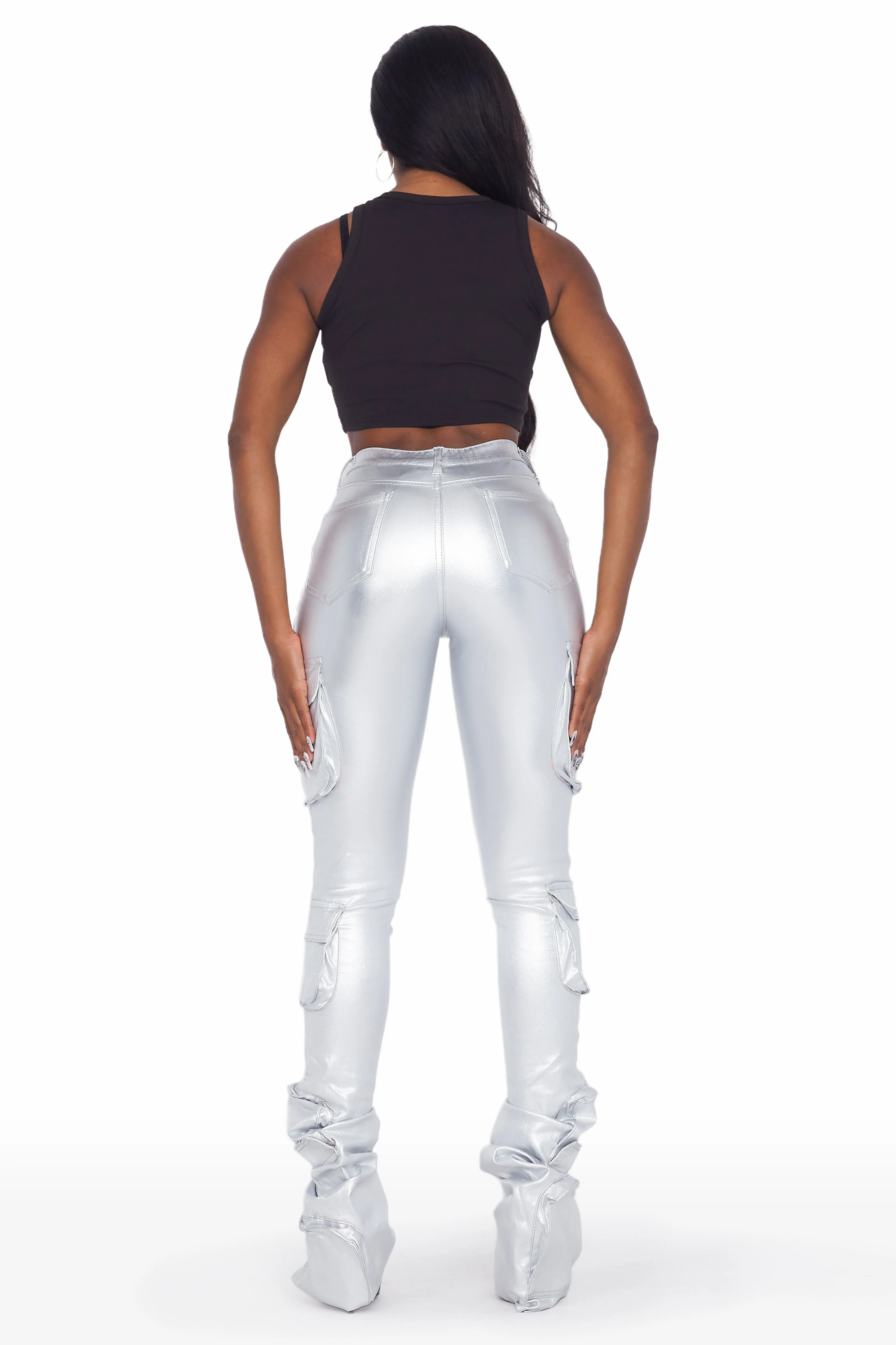 Miracle Silver PU Cargo Super Stacked Pant