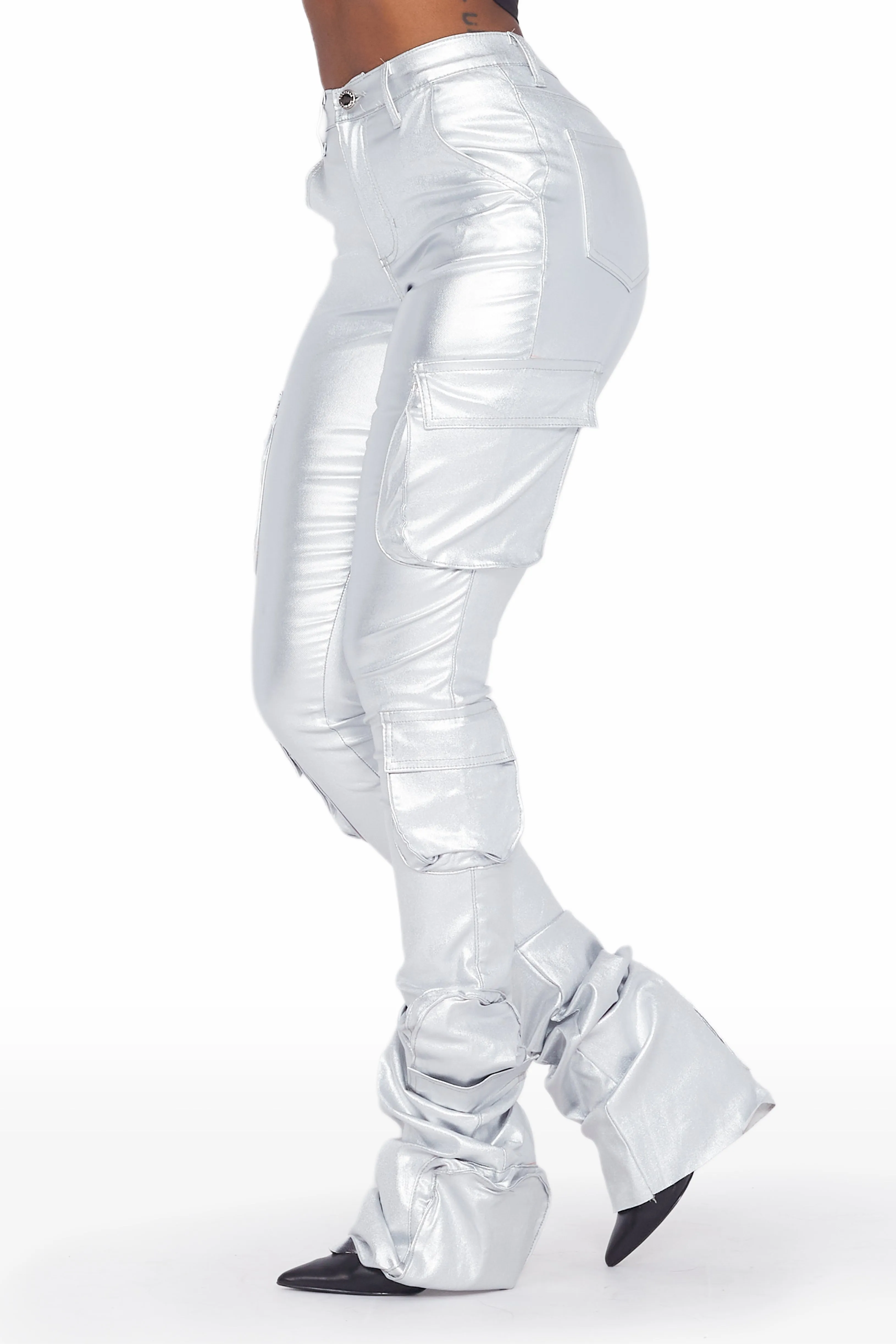 Miracle Silver PU Cargo Super Stacked Pant