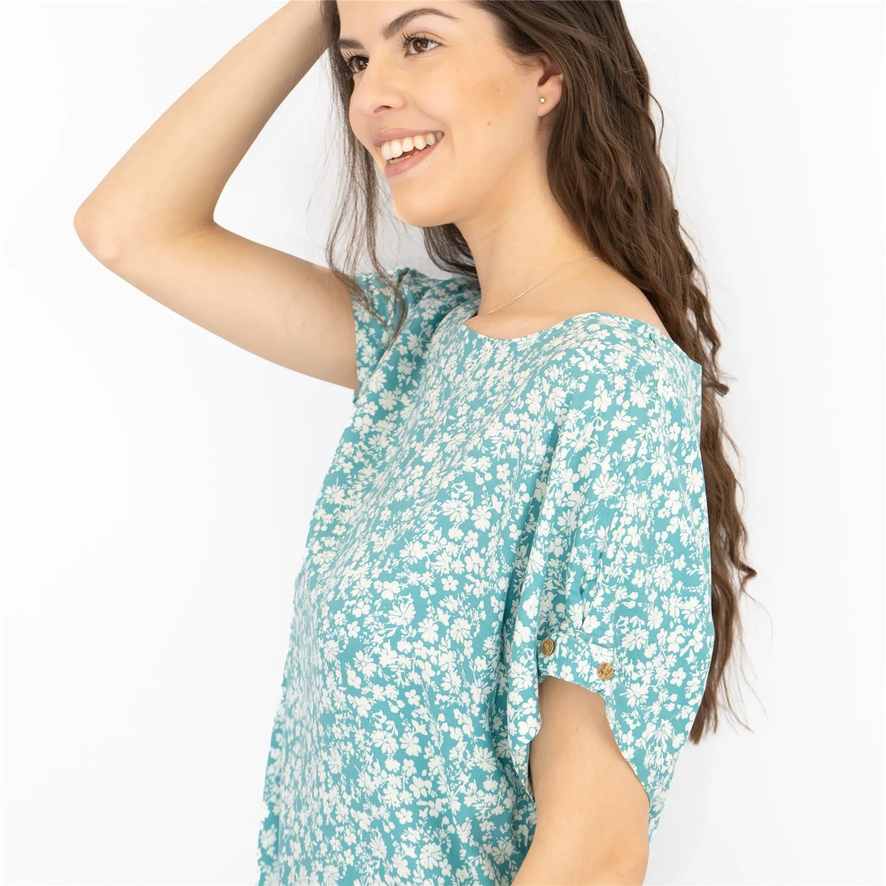 Next Blue Floral Short Sleeve Blouse Relaxed Fit Longline Tops