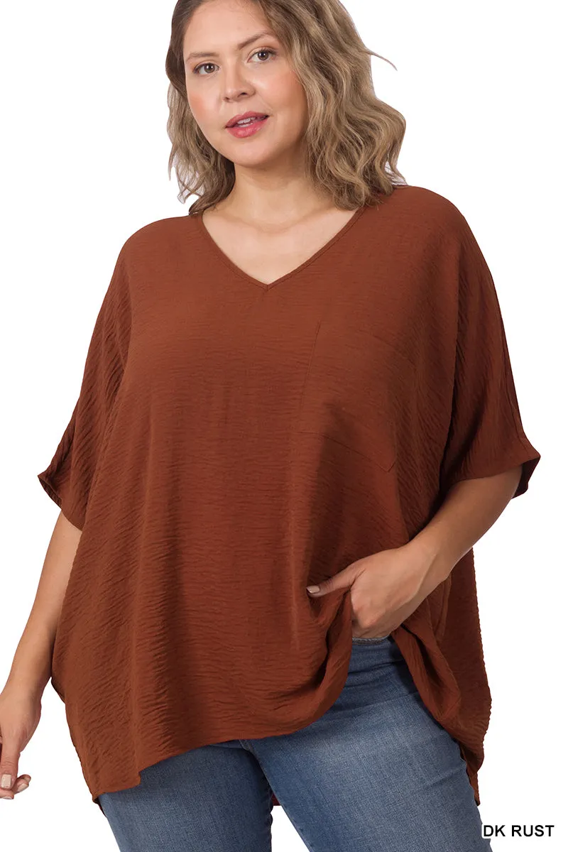 Plus Size V Neck Woven Airflow Dolman Short Sleeve Blouse Top with Front Pocket and Relaxed Fit