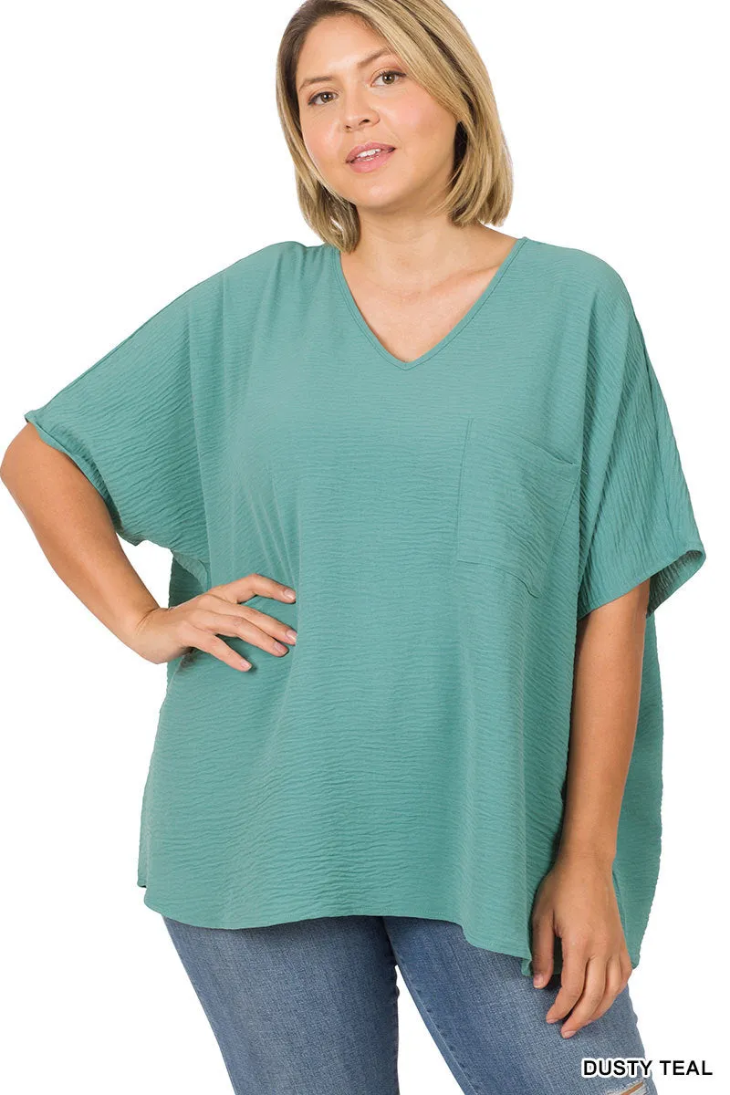 Plus Size V Neck Woven Airflow Dolman Short Sleeve Blouse Top with Front Pocket and Relaxed Fit