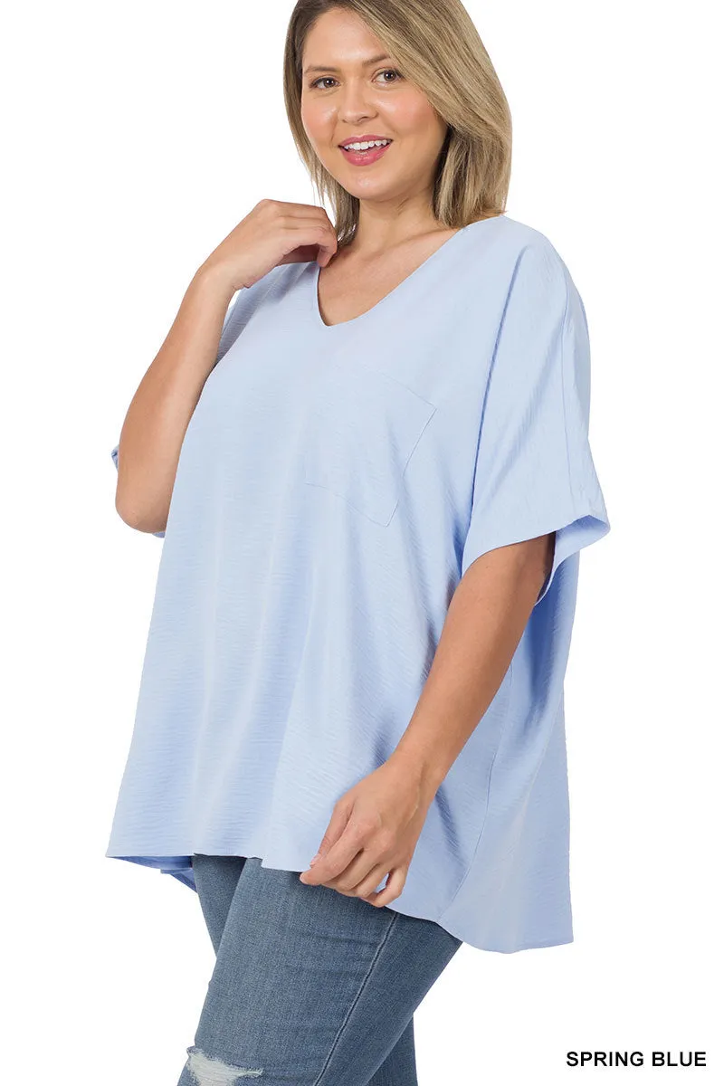 Plus Size V Neck Woven Airflow Dolman Short Sleeve Blouse Top with Front Pocket and Relaxed Fit