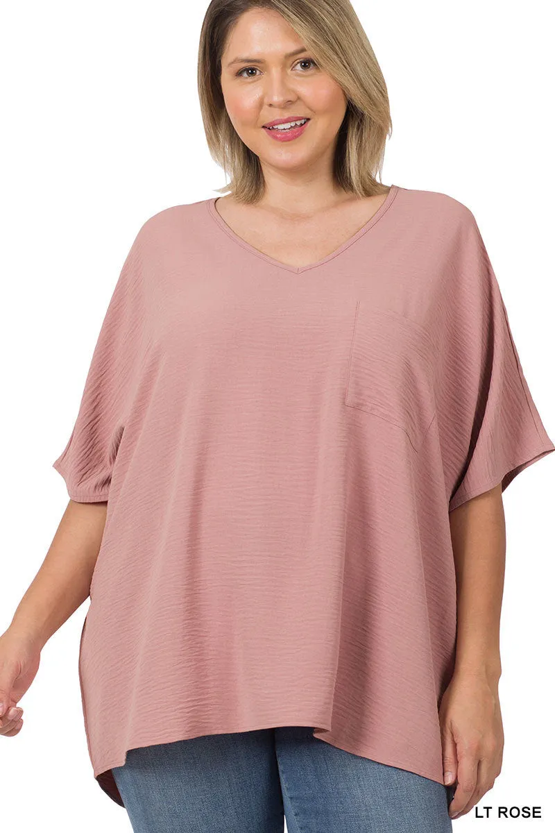 Plus Size V Neck Woven Airflow Dolman Short Sleeve Blouse Top with Front Pocket and Relaxed Fit