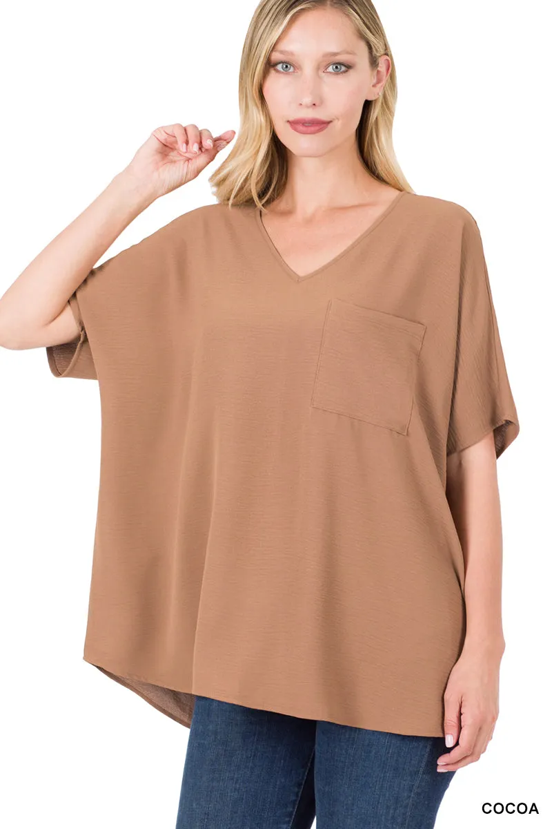 Plus Size V Neck Woven Airflow Dolman Short Sleeve Blouse Top with Front Pocket and Relaxed Fit