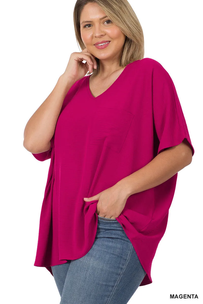 Plus Size V Neck Woven Airflow Dolman Short Sleeve Blouse Top with Front Pocket and Relaxed Fit