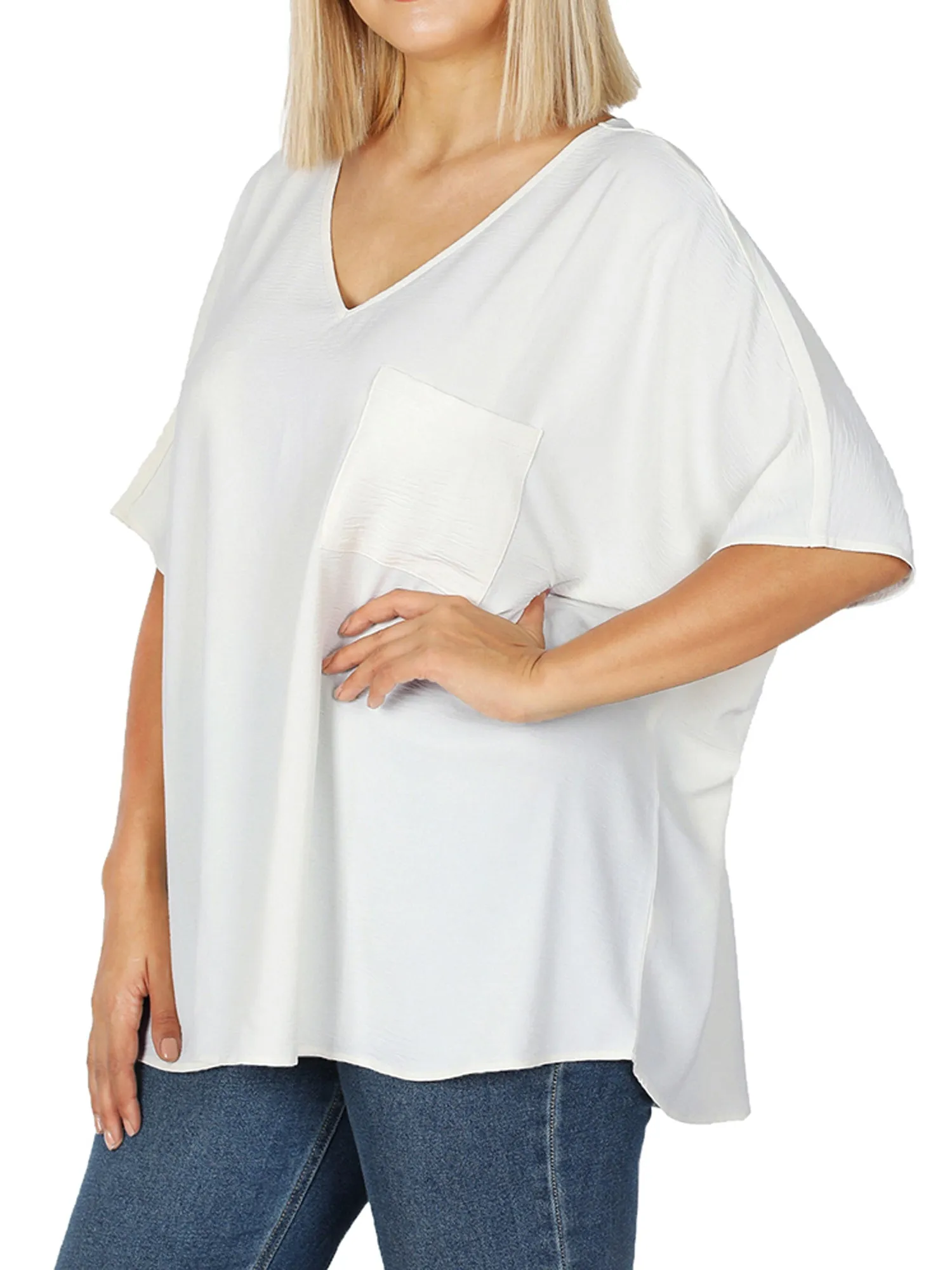 Plus Size V Neck Woven Airflow Dolman Short Sleeve Blouse Top with Front Pocket and Relaxed Fit