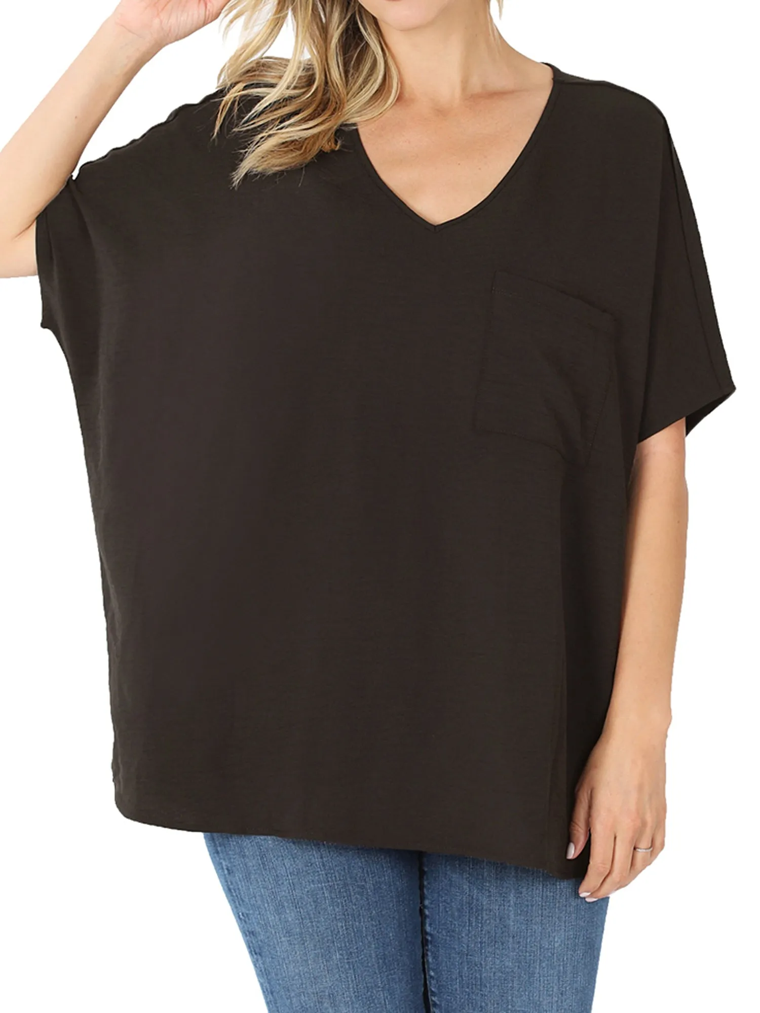 Plus Size V Neck Woven Airflow Dolman Short Sleeve Blouse Top with Front Pocket and Relaxed Fit