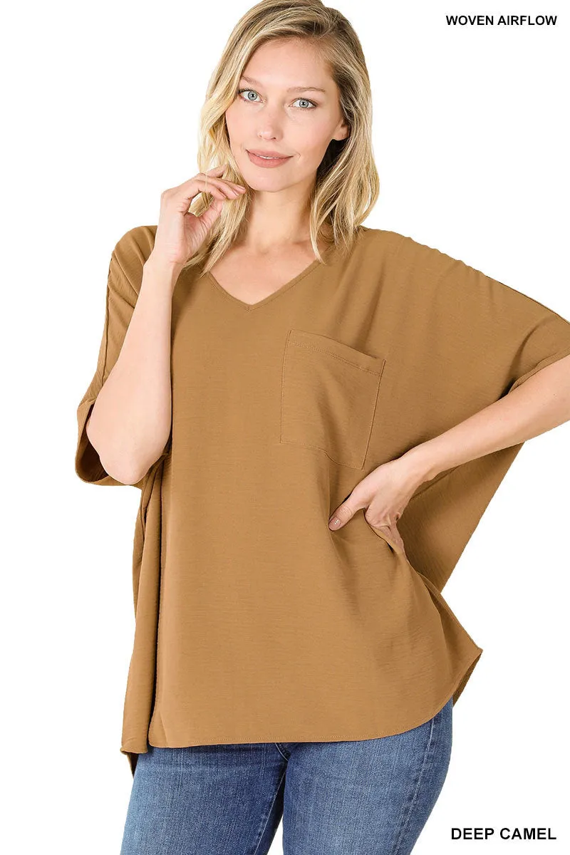 Plus Size V Neck Woven Airflow Dolman Short Sleeve Blouse Top with Front Pocket and Relaxed Fit