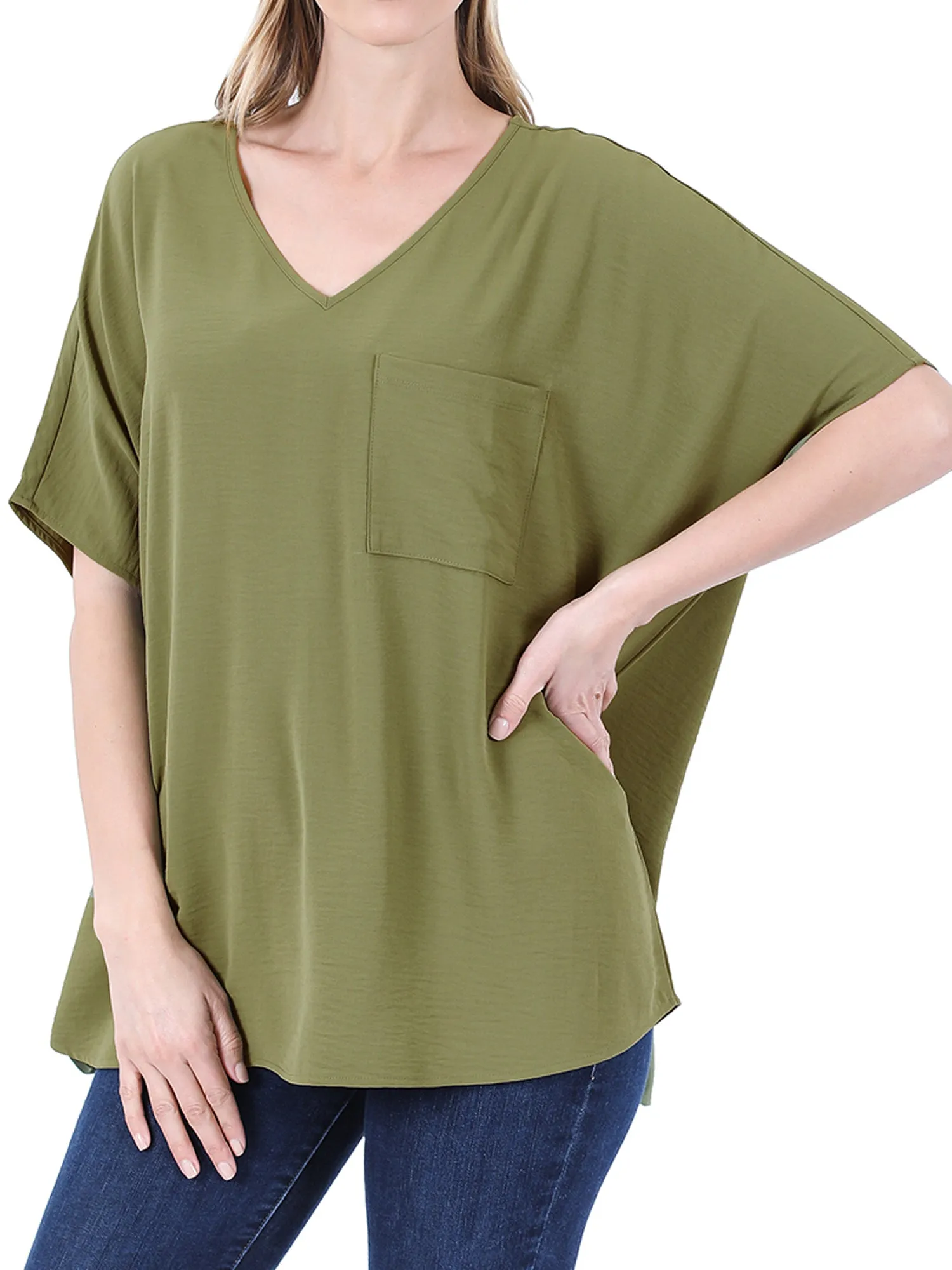 Plus Size V Neck Woven Airflow Dolman Short Sleeve Blouse Top with Front Pocket and Relaxed Fit