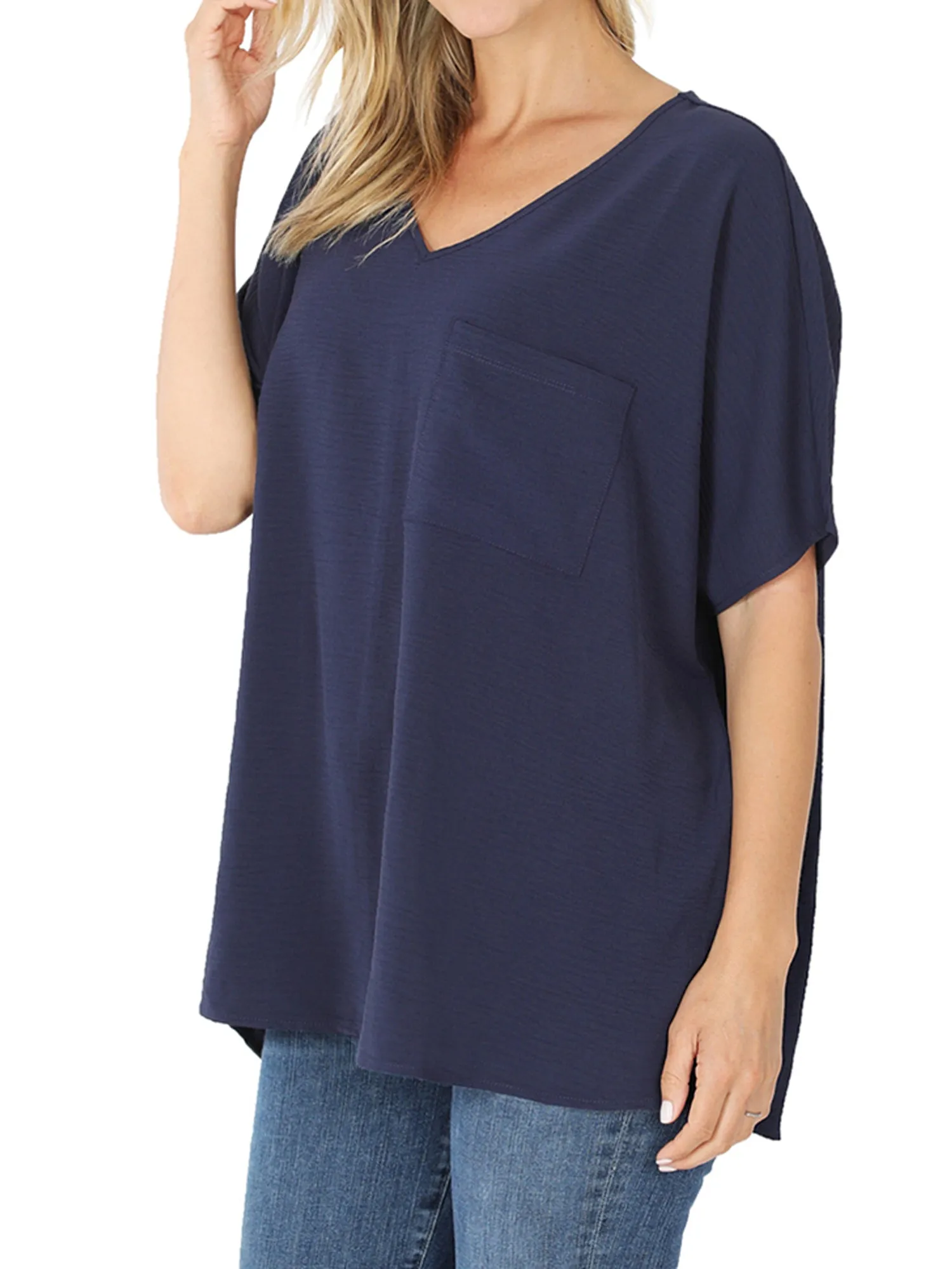 Plus Size V Neck Woven Airflow Dolman Short Sleeve Blouse Top with Front Pocket and Relaxed Fit