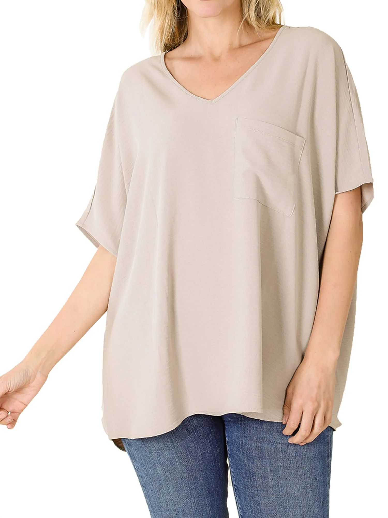 Plus Size V Neck Woven Airflow Dolman Short Sleeve Blouse Top with Front Pocket and Relaxed Fit